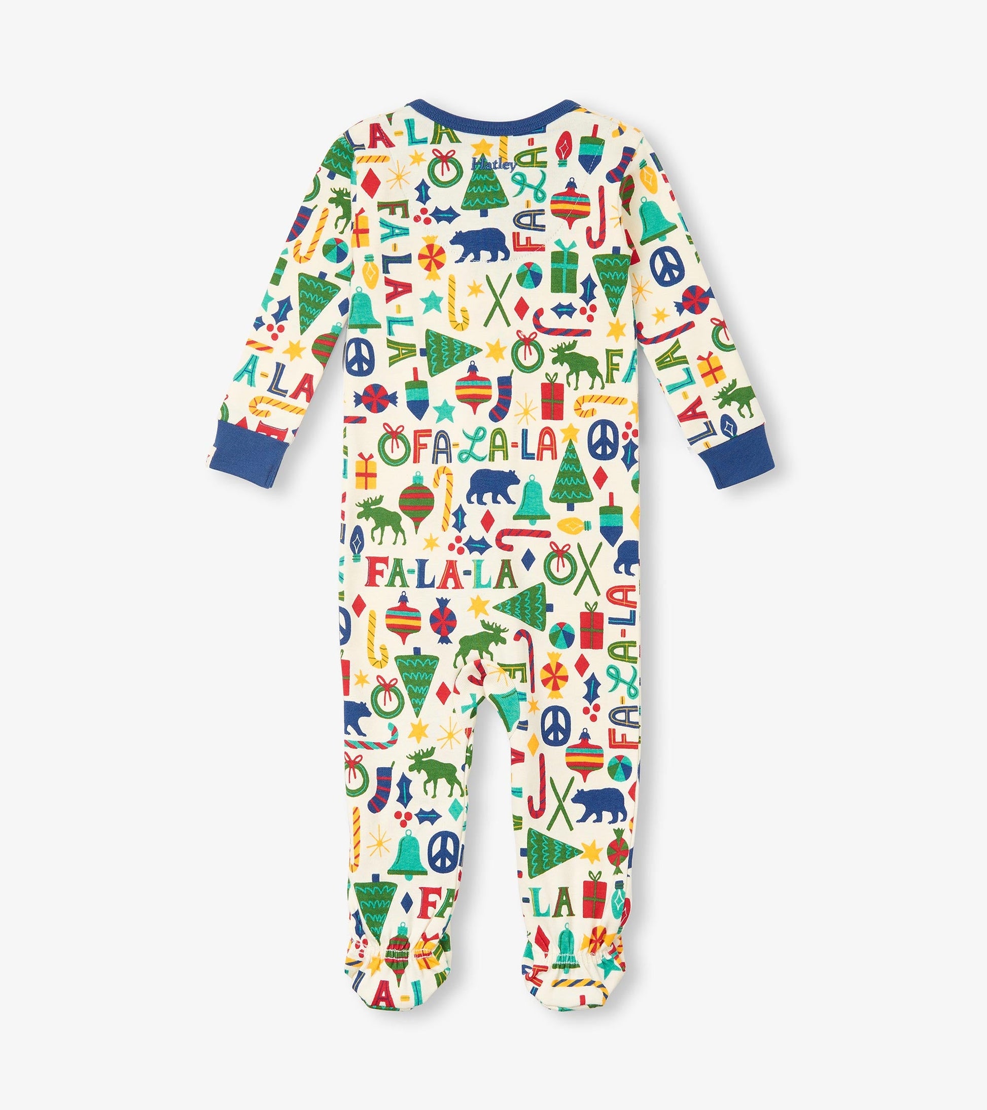 Baby blue cotton footed sleeper with colorful holiday-themed patterns, featuring animals, ornaments, and festive text.