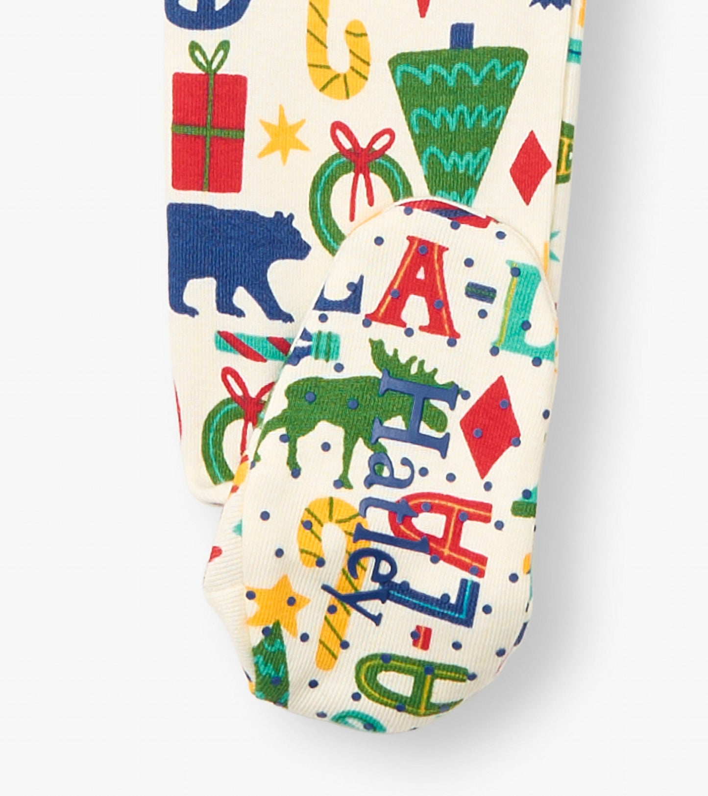 Baby blue cotton footed sleeper with colorful holiday-themed patterns, featuring bears, gifts, and festive designs.