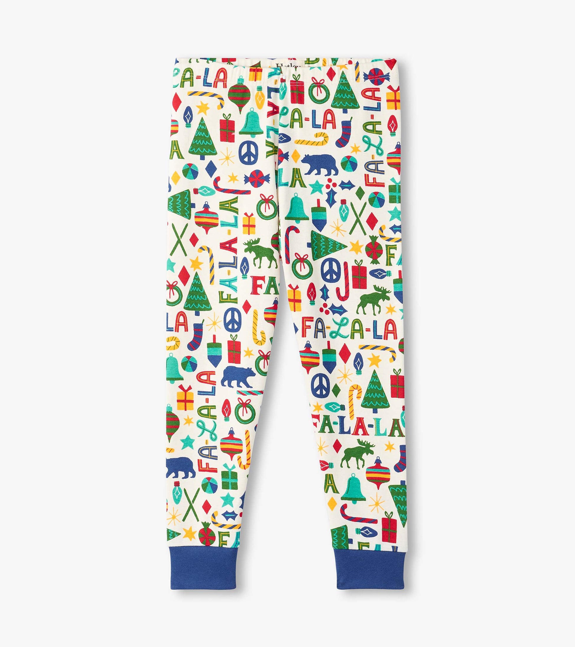 Boys' blue pajama set featuring a festive pattern with trees, gifts, and holiday icons on a cream background.