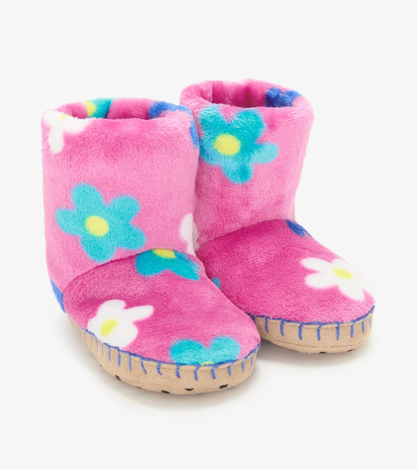 Pink fleece slippers for baby girls, featuring colorful daisy patterns and a soft, cozy design.