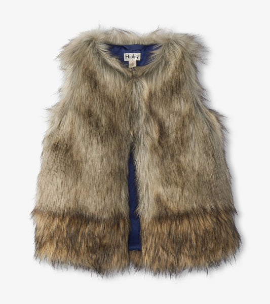 Tan faux fur vest with a soft texture, featuring a sleeveless design and a rounded neckline.