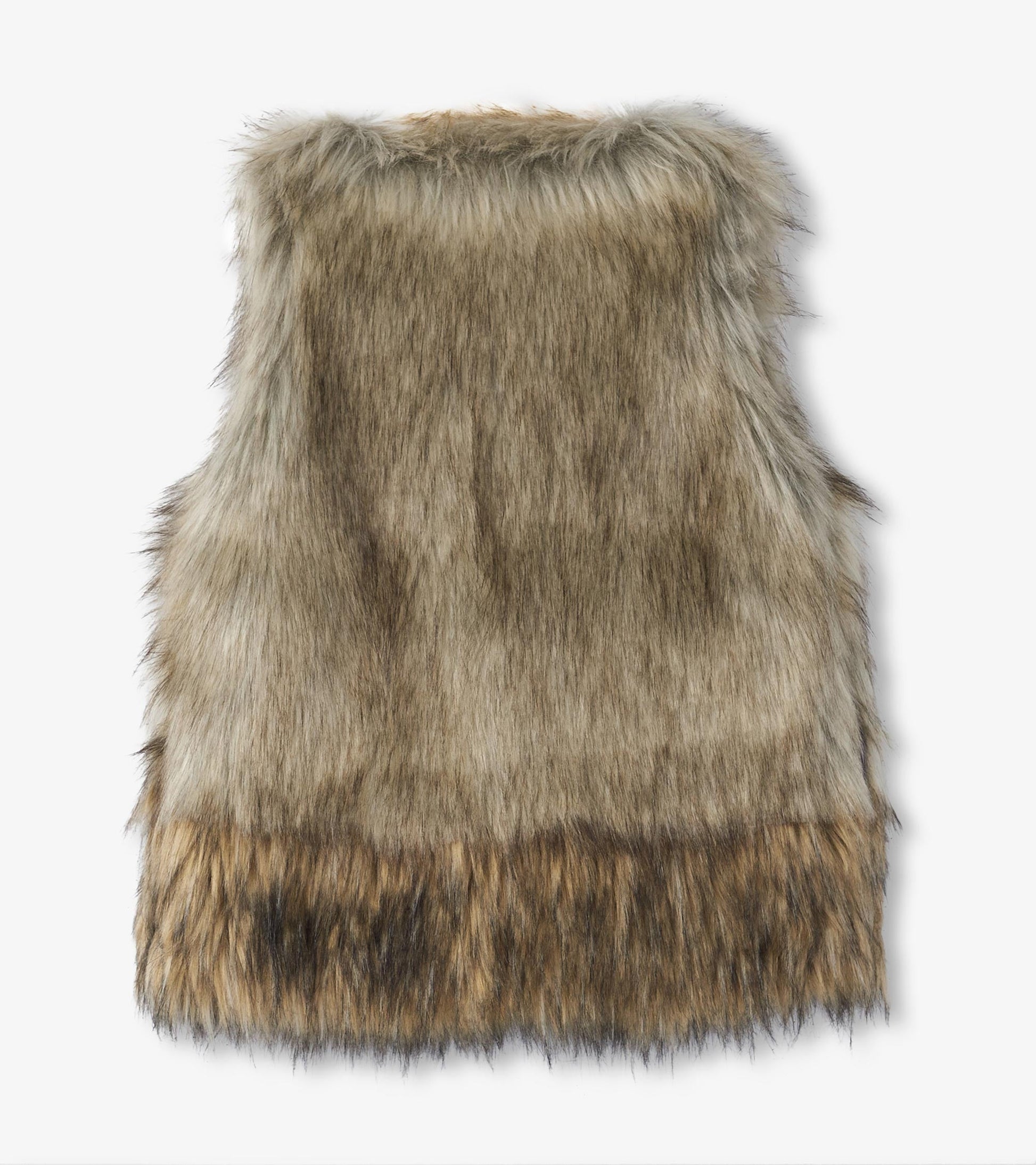 Faux fur vest in shades of brown with a shaggy texture, featuring a longer fur hem for added style.