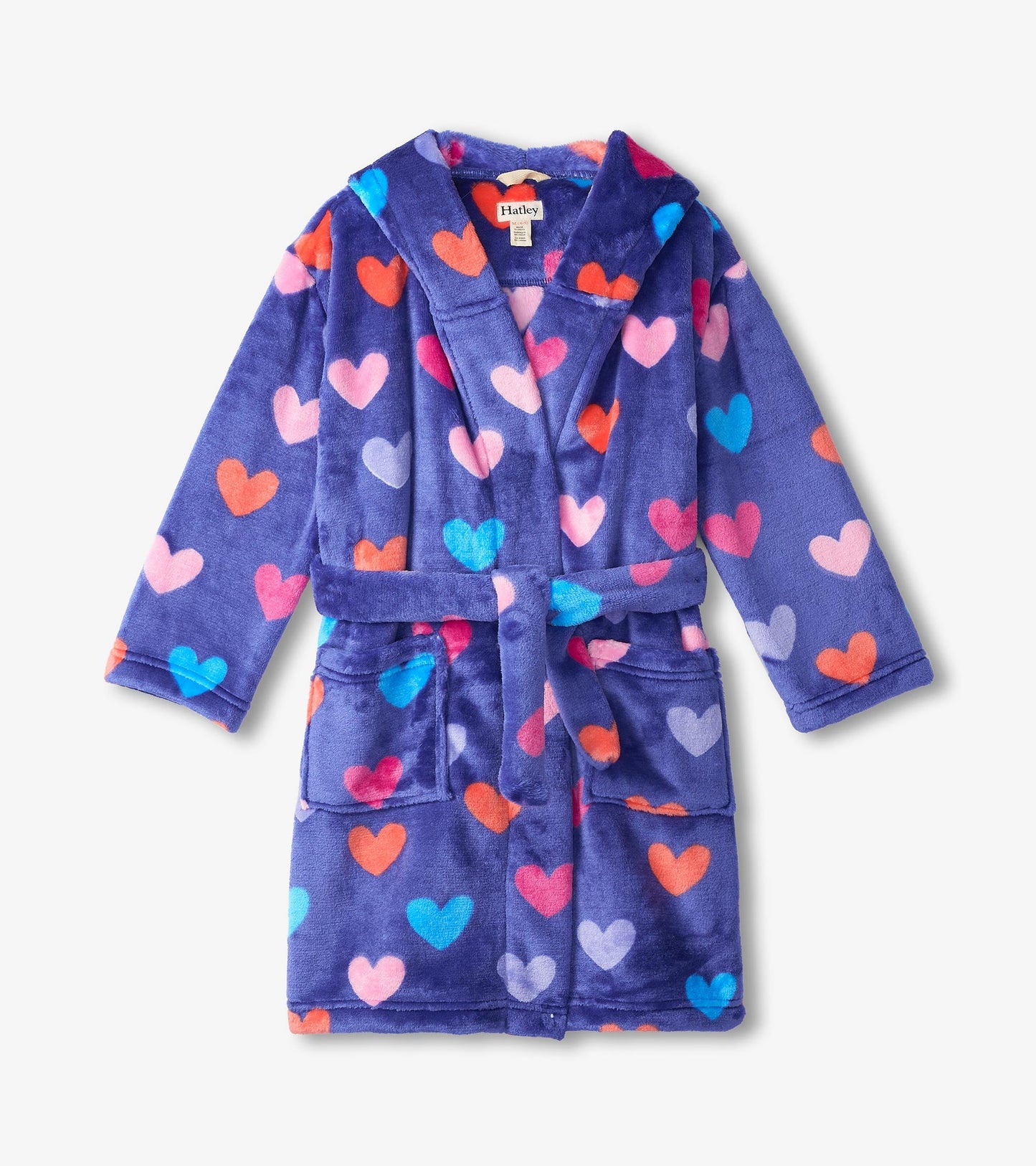 Purple fleece robe featuring colorful heart patterns, with a hood, tie belt, and two front pockets.