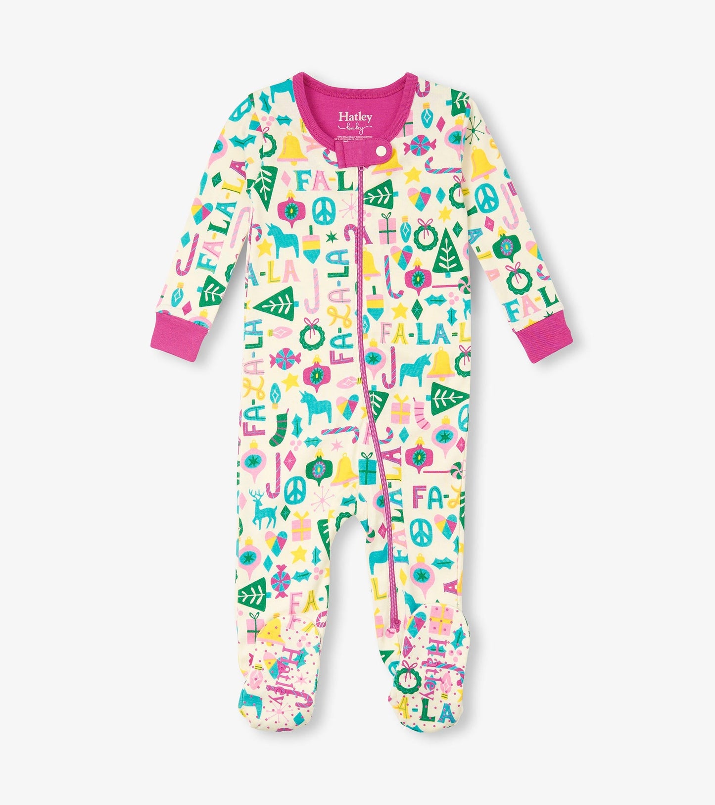 Baby pink cotton footed sleeper with colorful festive patterns and pink cuffs, designed for infants.