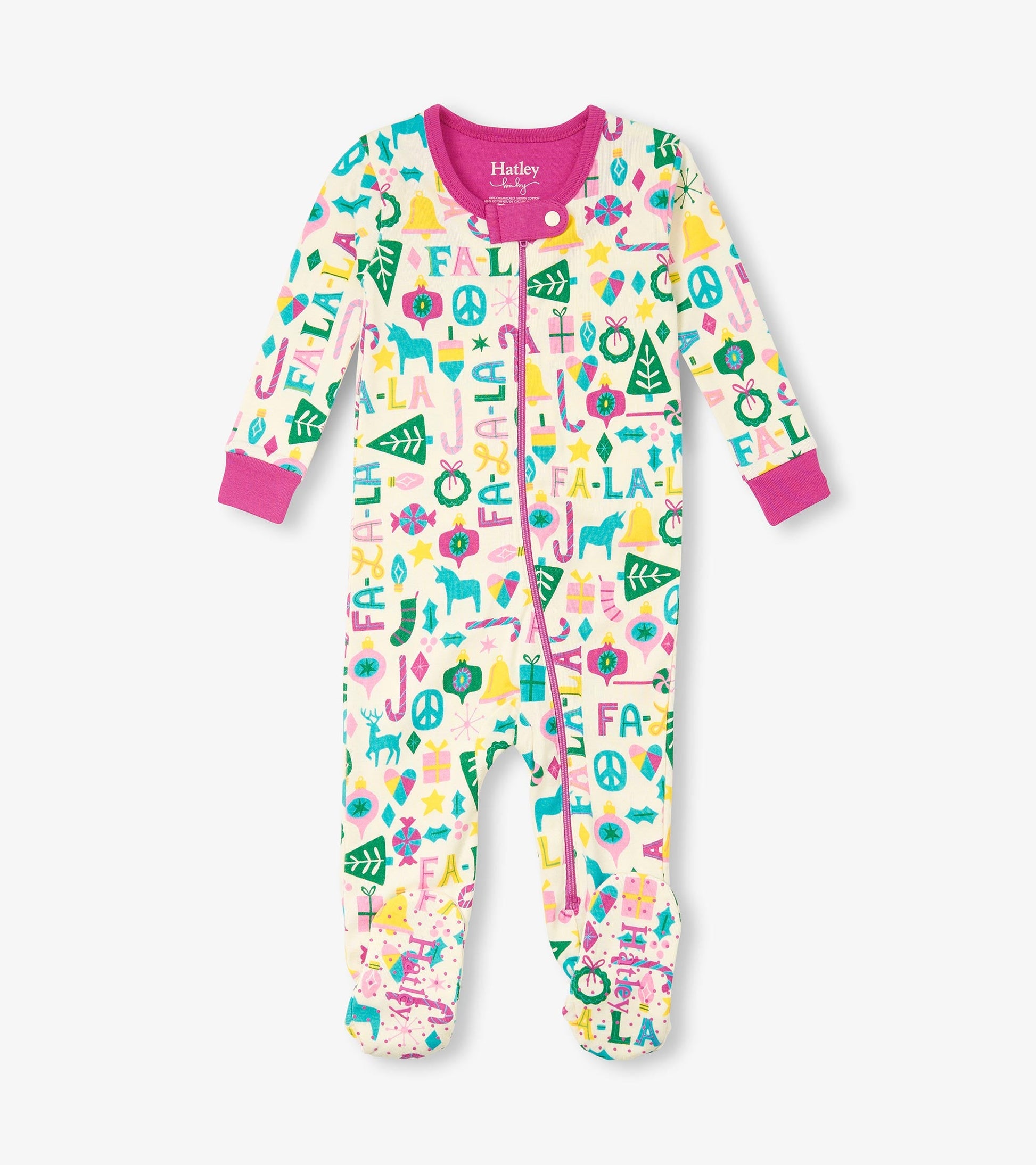Baby pink cotton footed sleeper with colorful festive patterns and pink cuffs, designed for infants.