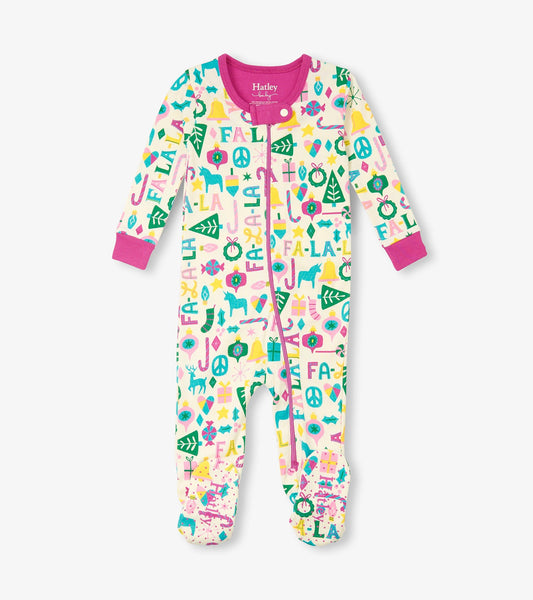 Baby pink cotton footed sleeper with colorful festive patterns and pink cuffs, designed for infants.