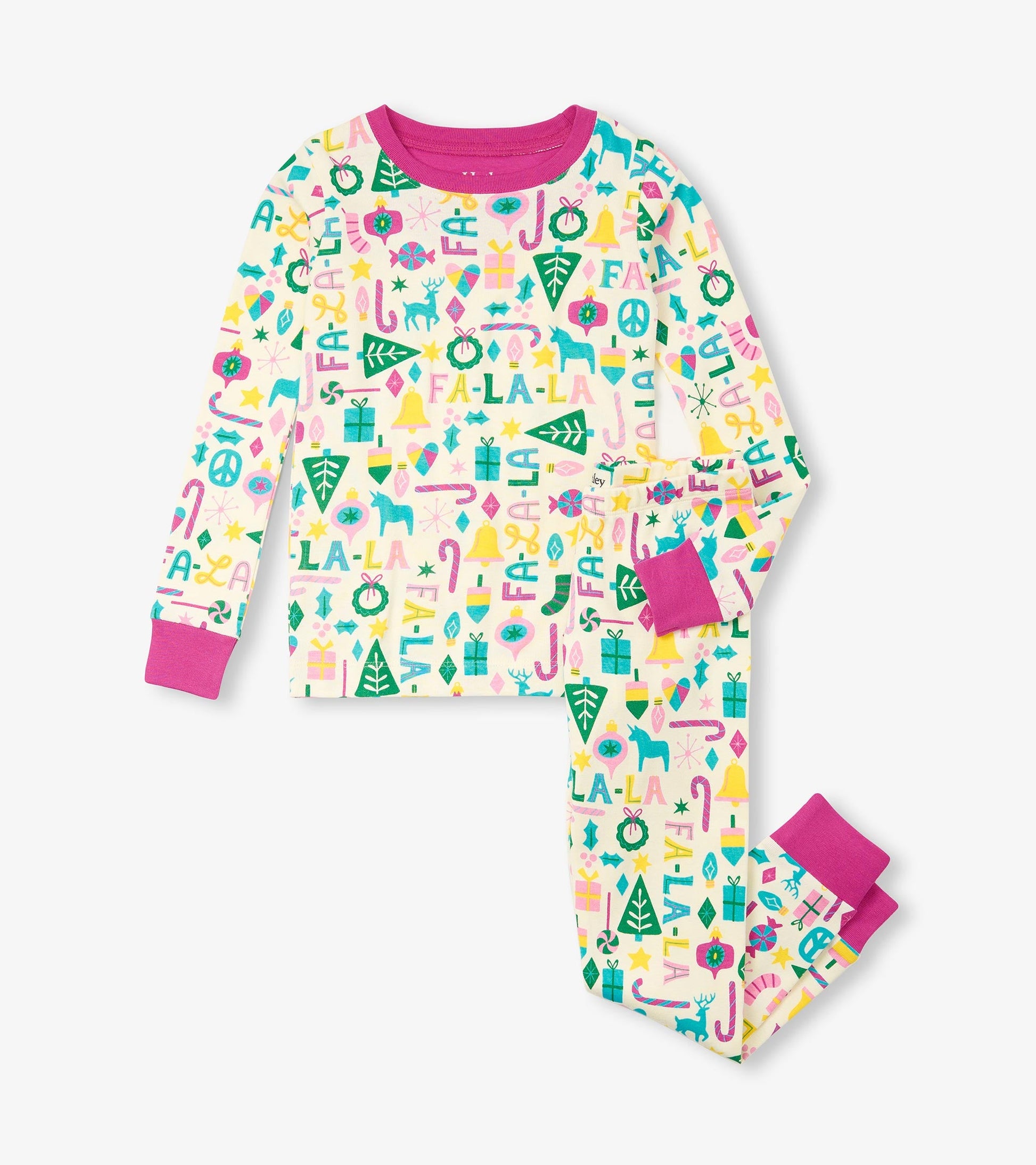 Girls' pink pajama set featuring a colorful holiday-themed print with long sleeves and matching pants.