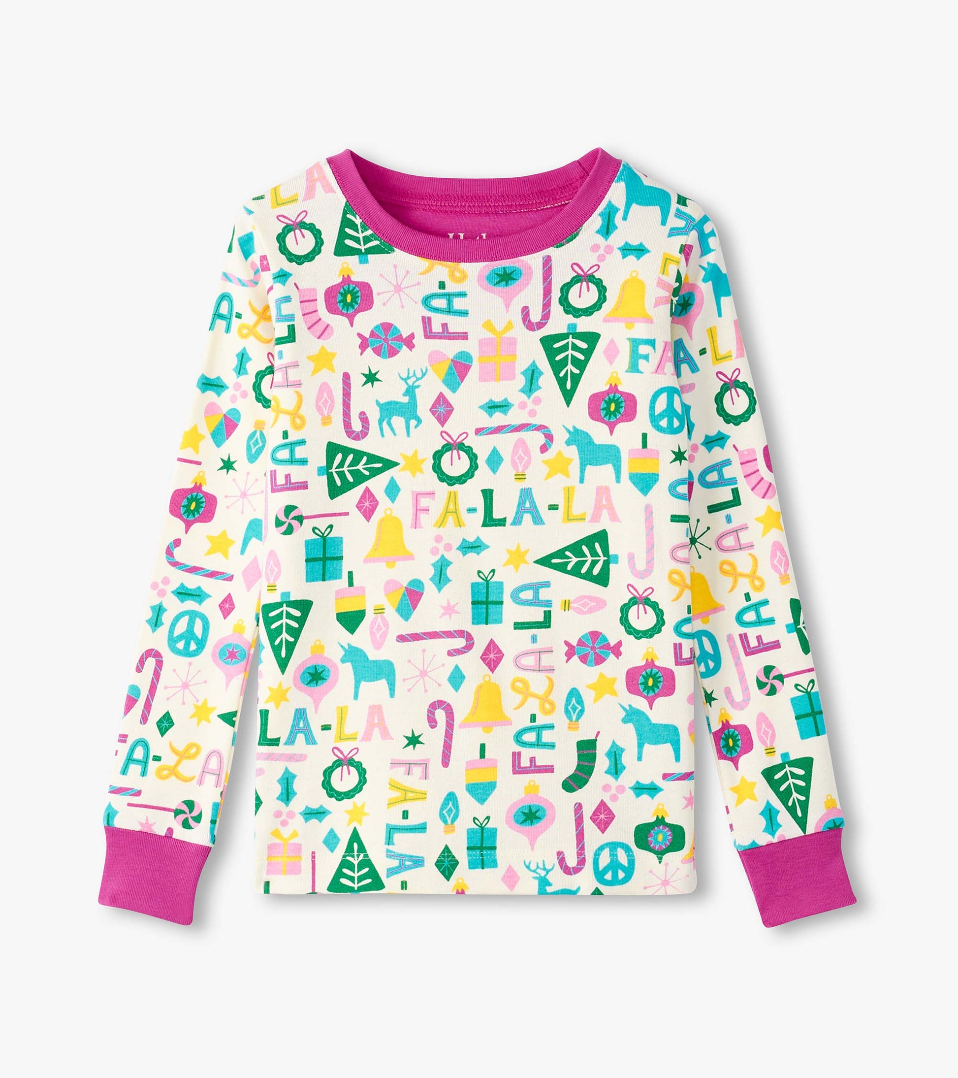 Long-sleeve pajama top in white with colorful holiday-themed prints and a pink collar and cuffs.