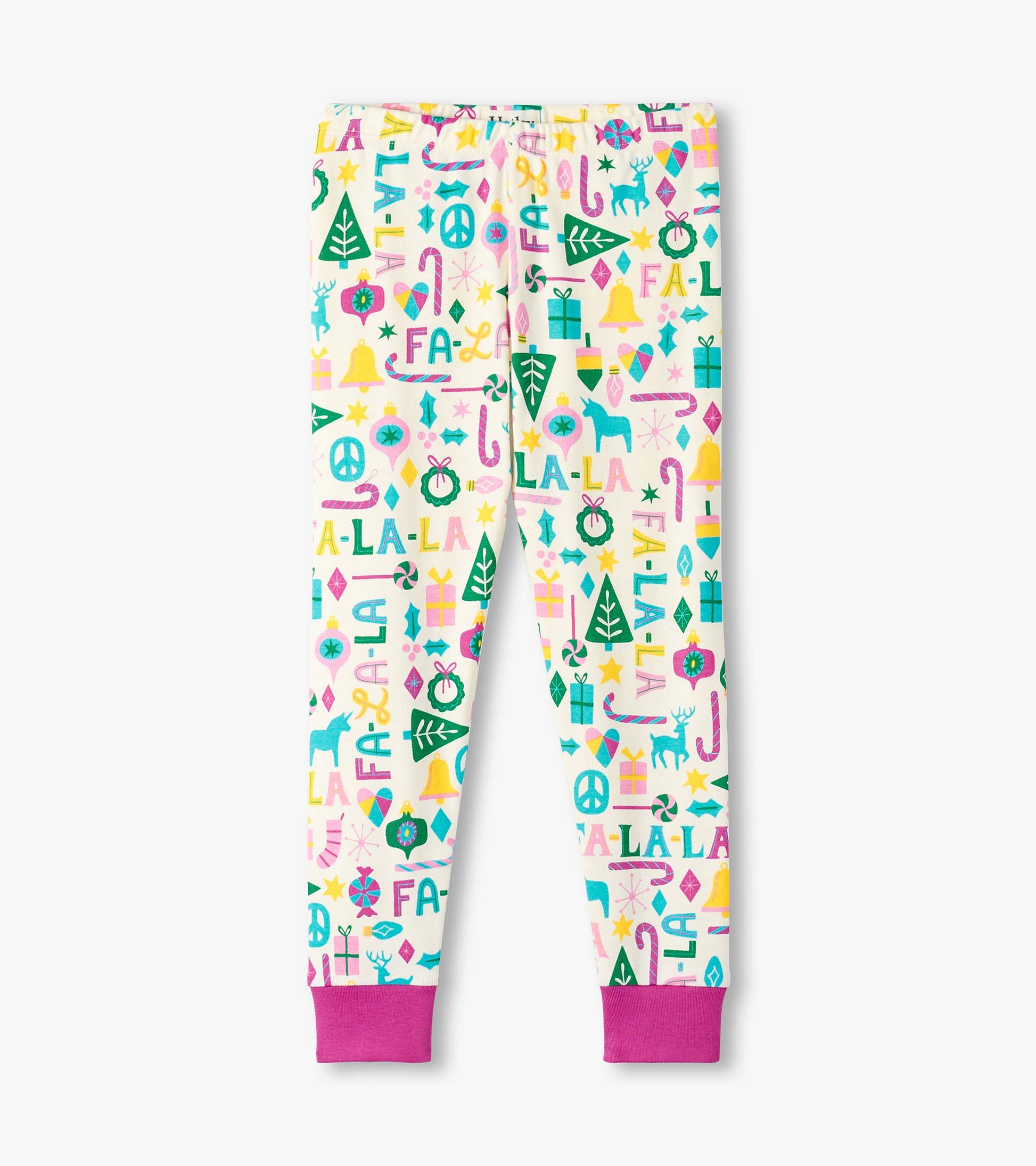 Colorful pajama pants featuring festive patterns like bells, trees, and candy canes, with pink cuffs and a soft fabric.