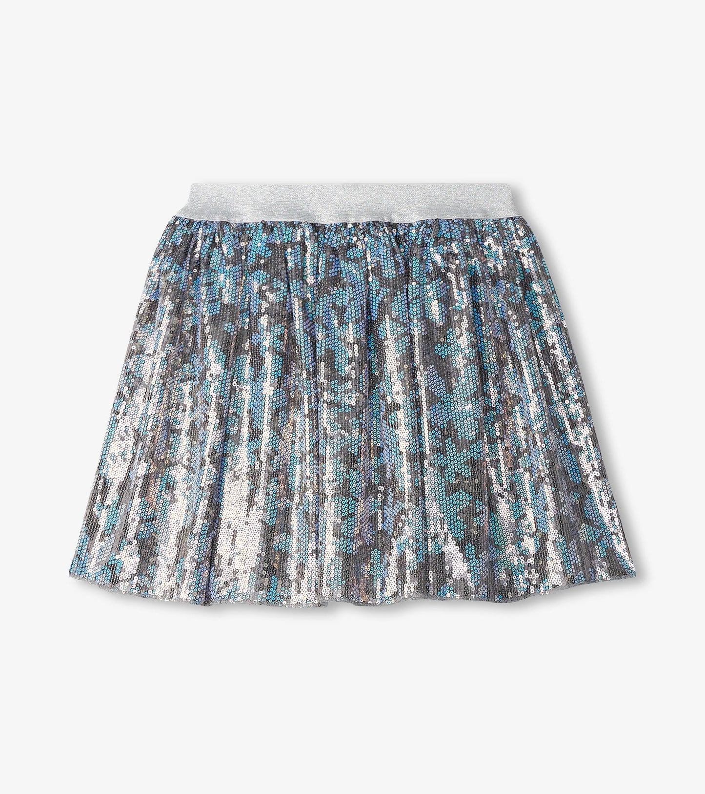 Shimmering tulle skirt with sequins in shades of blue and silver, featuring a soft elastic waistband.
