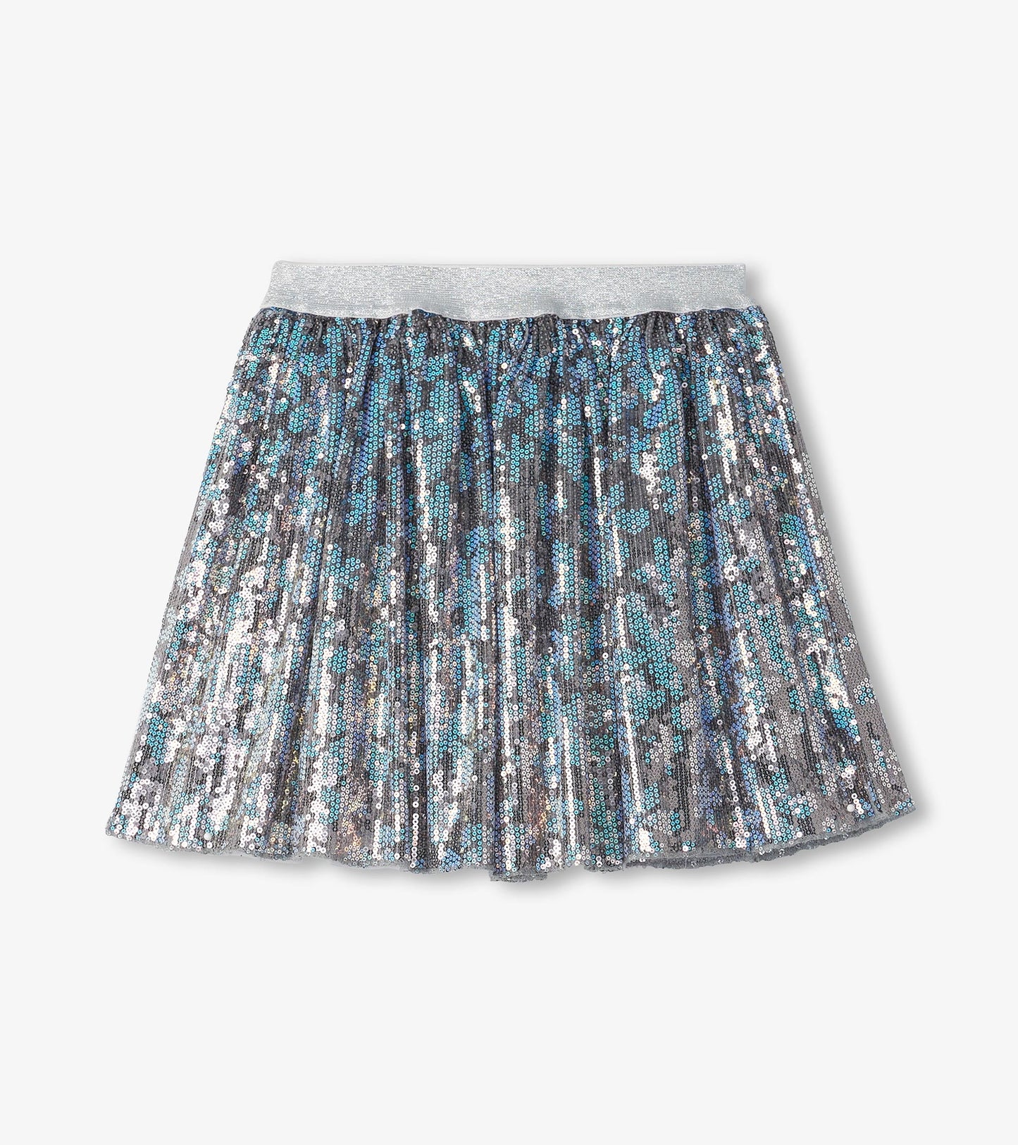 Shimmery tulle skirt with sequins in silver, blue, and gray, featuring a pleated design and elastic waistband.