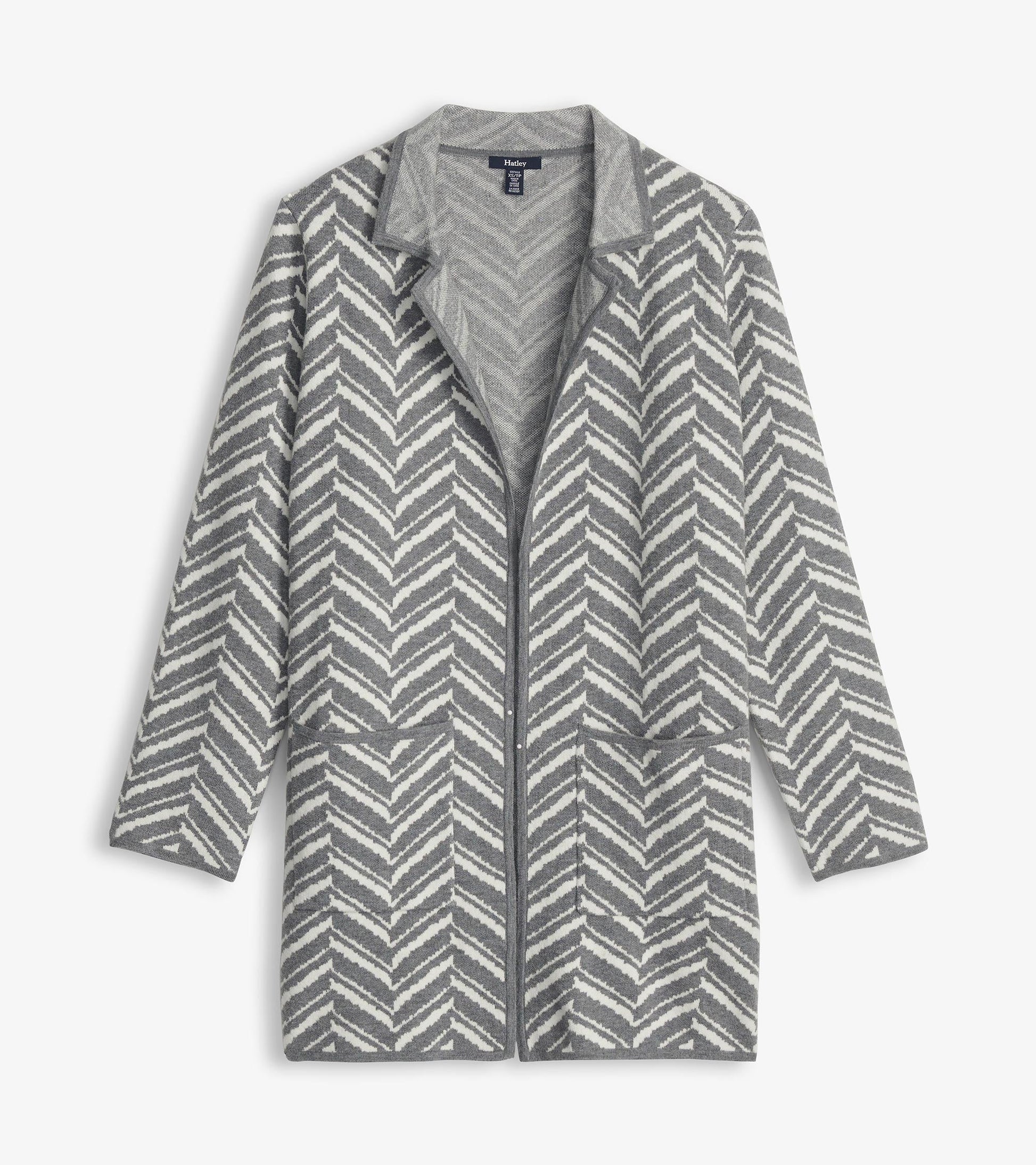 Grey chevron-patterned sweater blazer with a collar and two front pockets, designed for a stylish layered look.