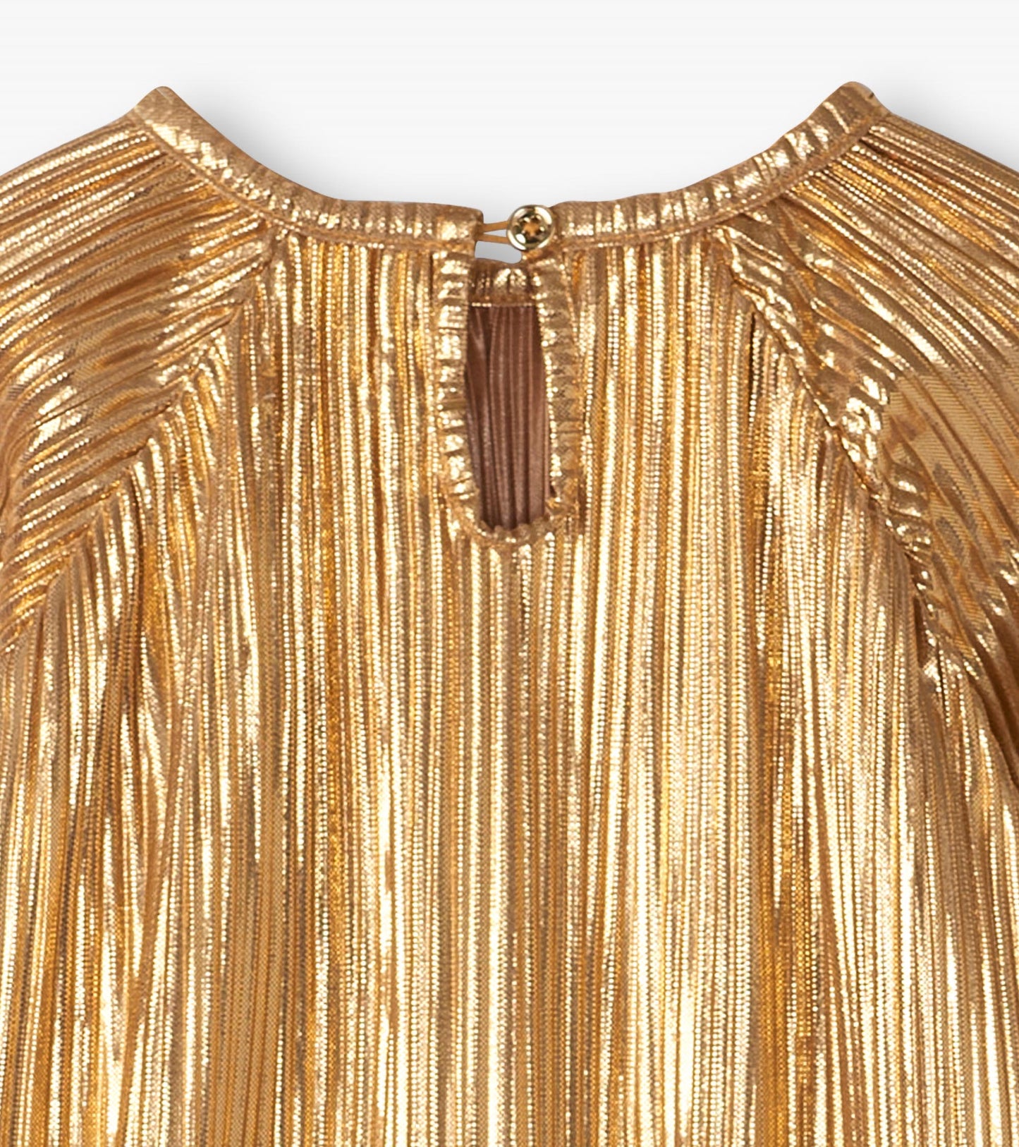Close-up of gold metallic dress neckline with pleated texture and back keyhole button closure