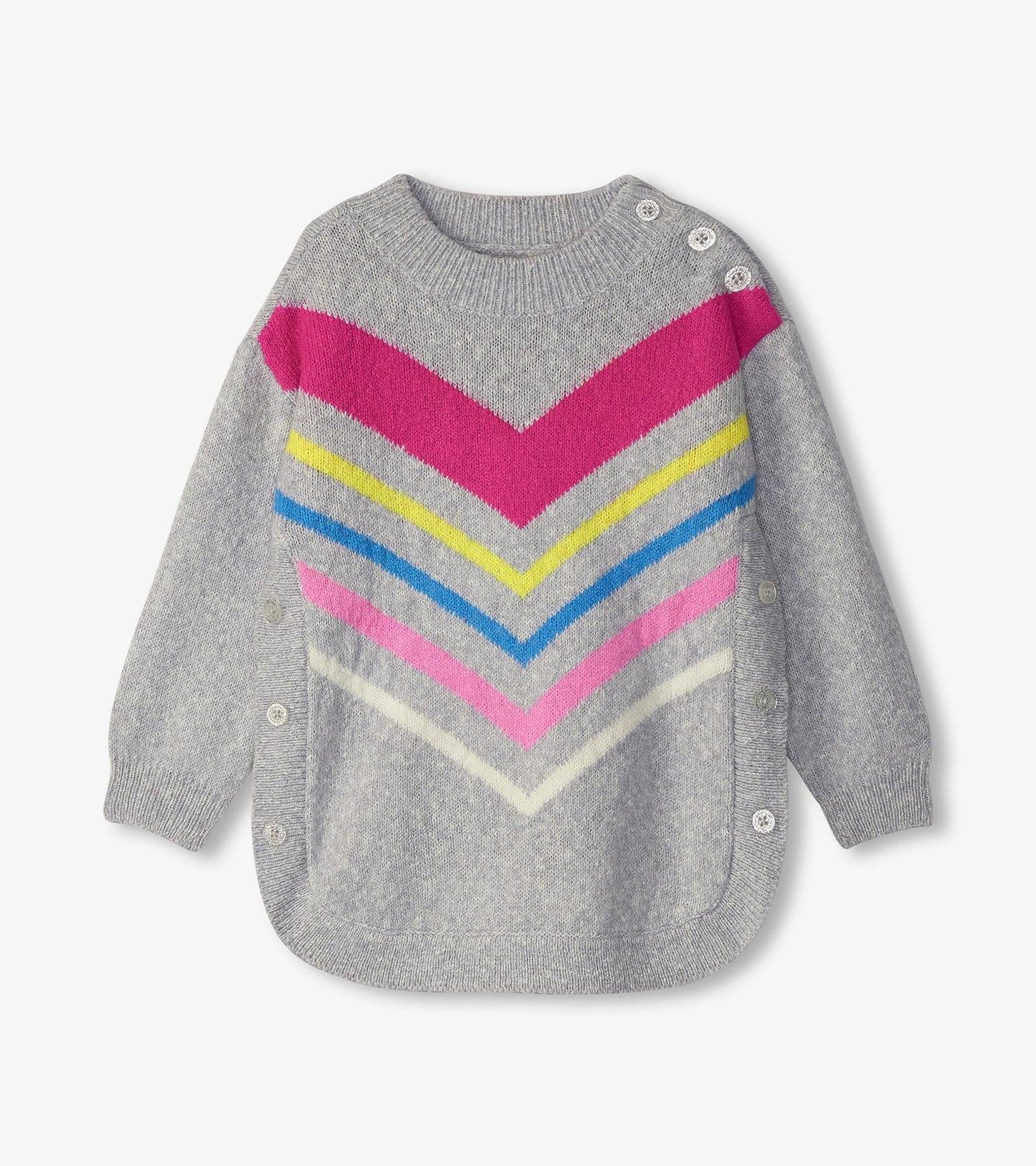 Gray chunky sweater tunic featuring a chevron stripe pattern in pink, yellow, and blue, with button details on the side.