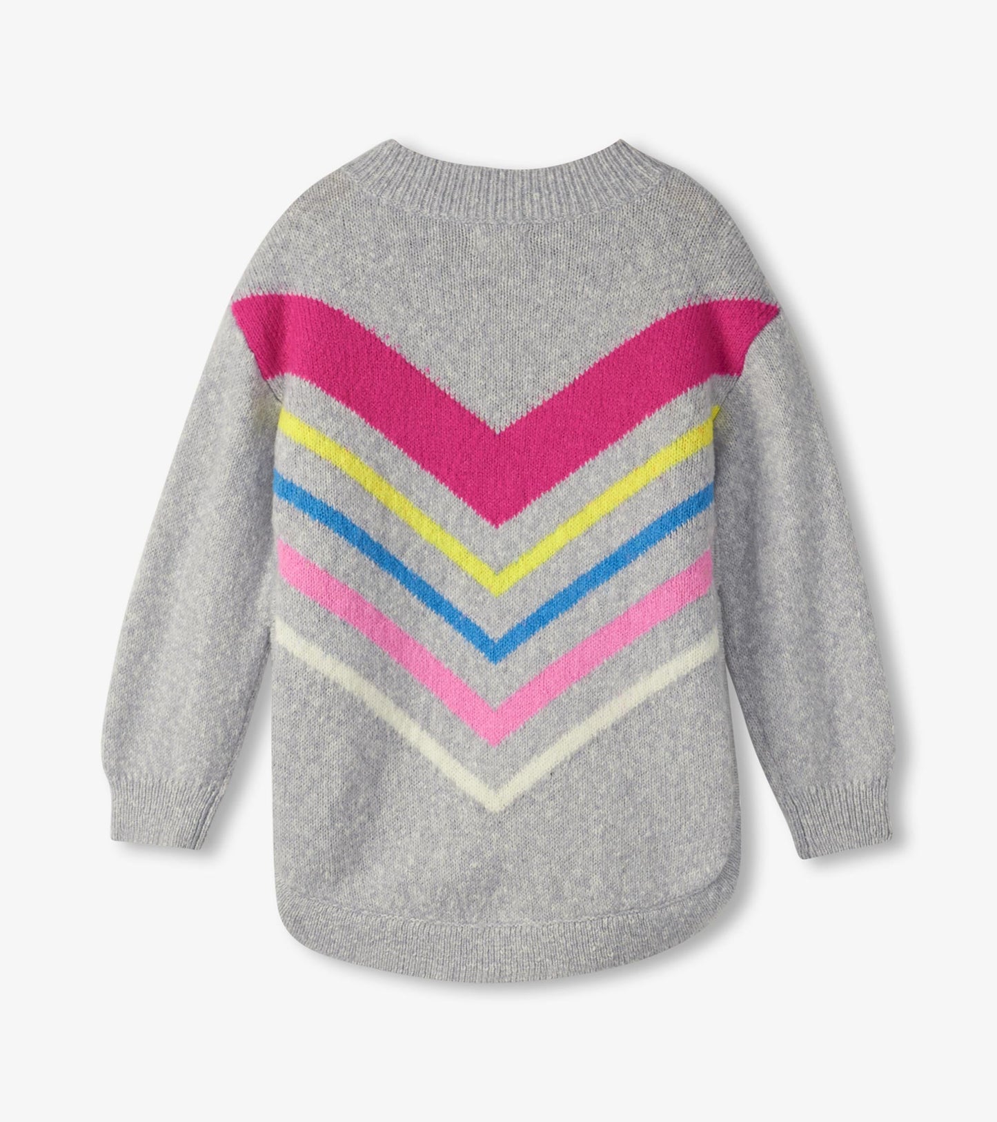 Gray chunky sweater tunic featuring a chevron stripe pattern in pink, yellow, and blue. Back view with long sleeves.