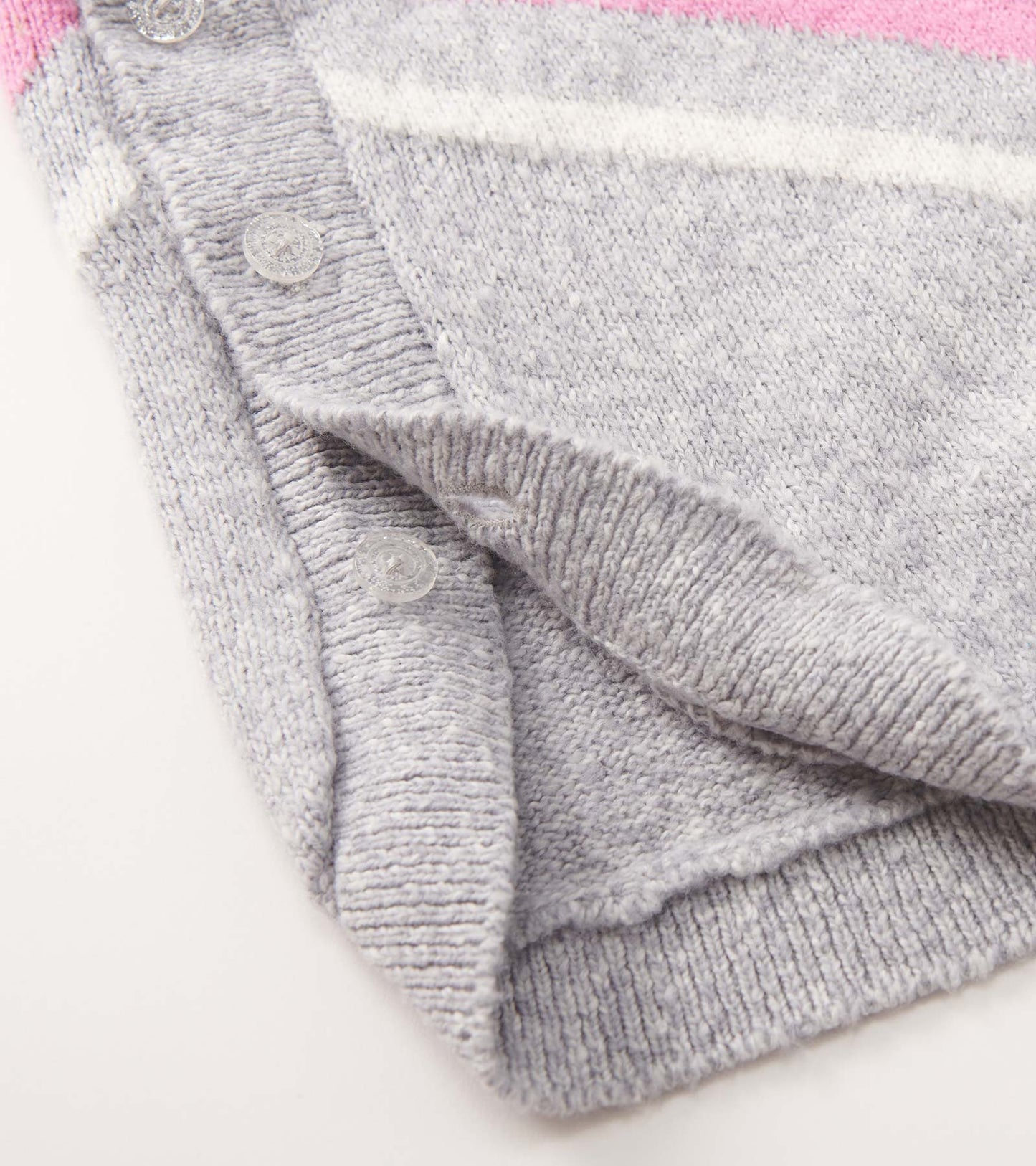 Gray chunky sweater tunic with pink and white chevron stripes, featuring button details at the side.