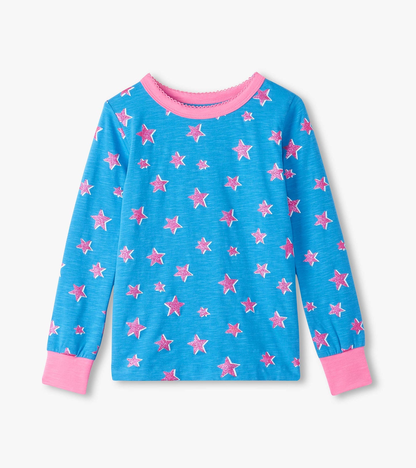 Blue long-sleeve pajama top featuring pink glitter stars and a pink collar and cuffs.