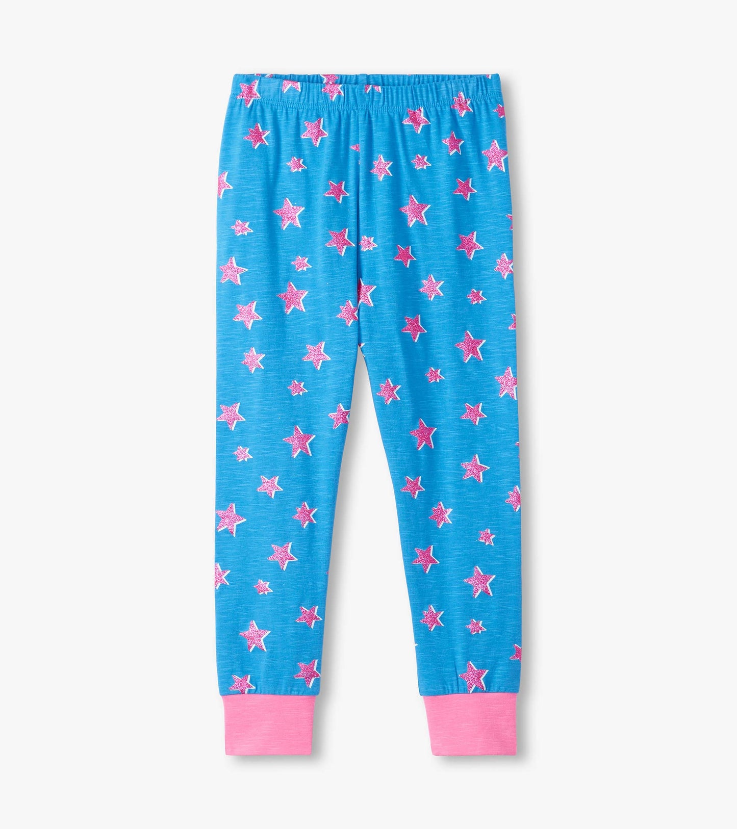 Blue pajama pants featuring pink glitter stars and pink cuffs, designed for girls.