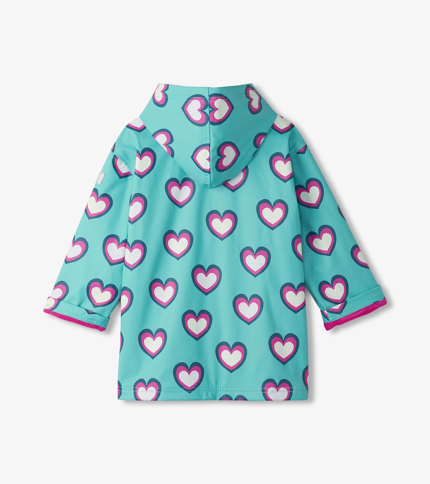 Turquoise zip-up rain jacket with a heart pattern, featuring a hood and long sleeves. Back view displayed.