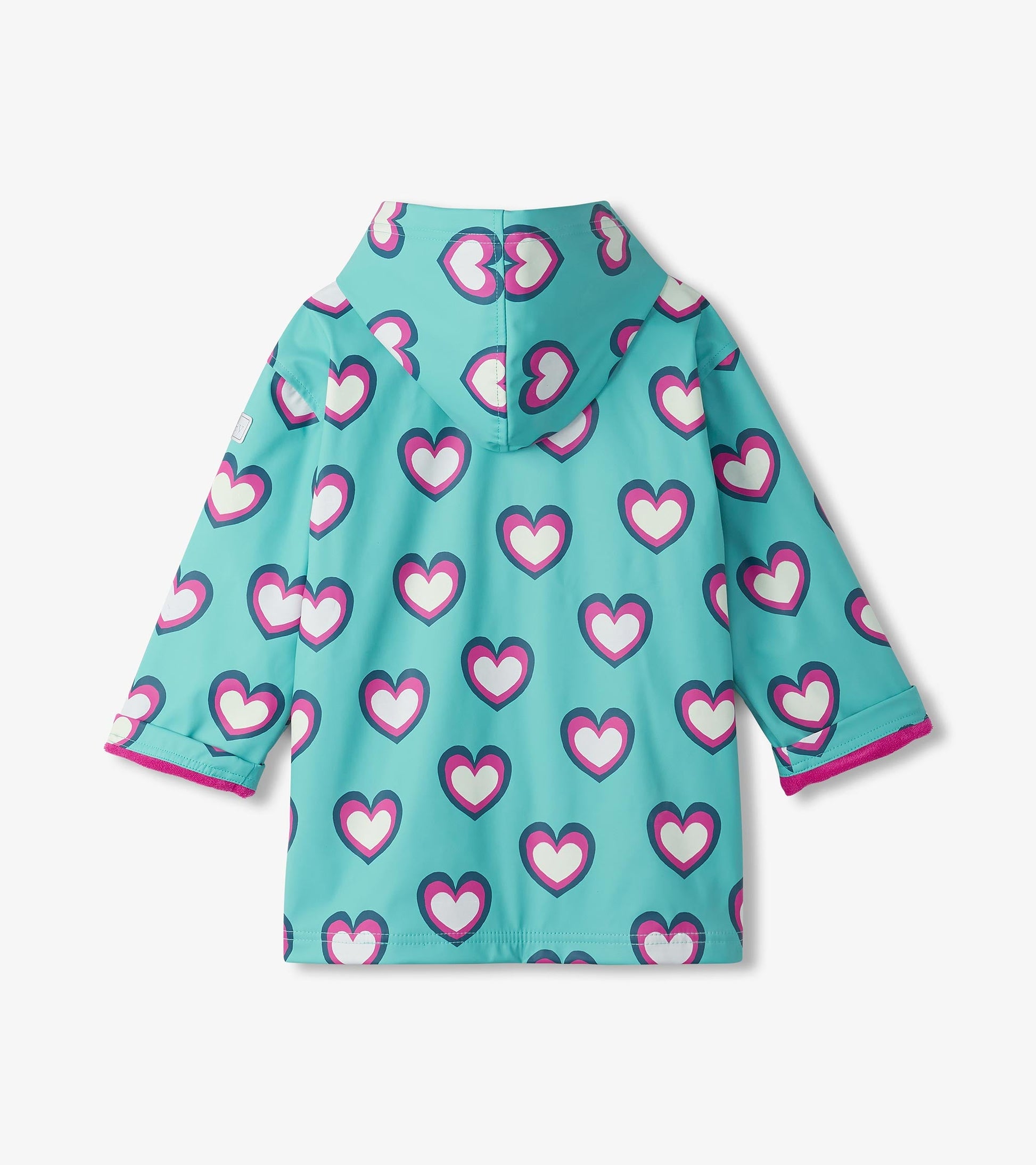 Turquoise zip-up rain jacket with a heart pattern, featuring a hood and long sleeves. Back view displayed.