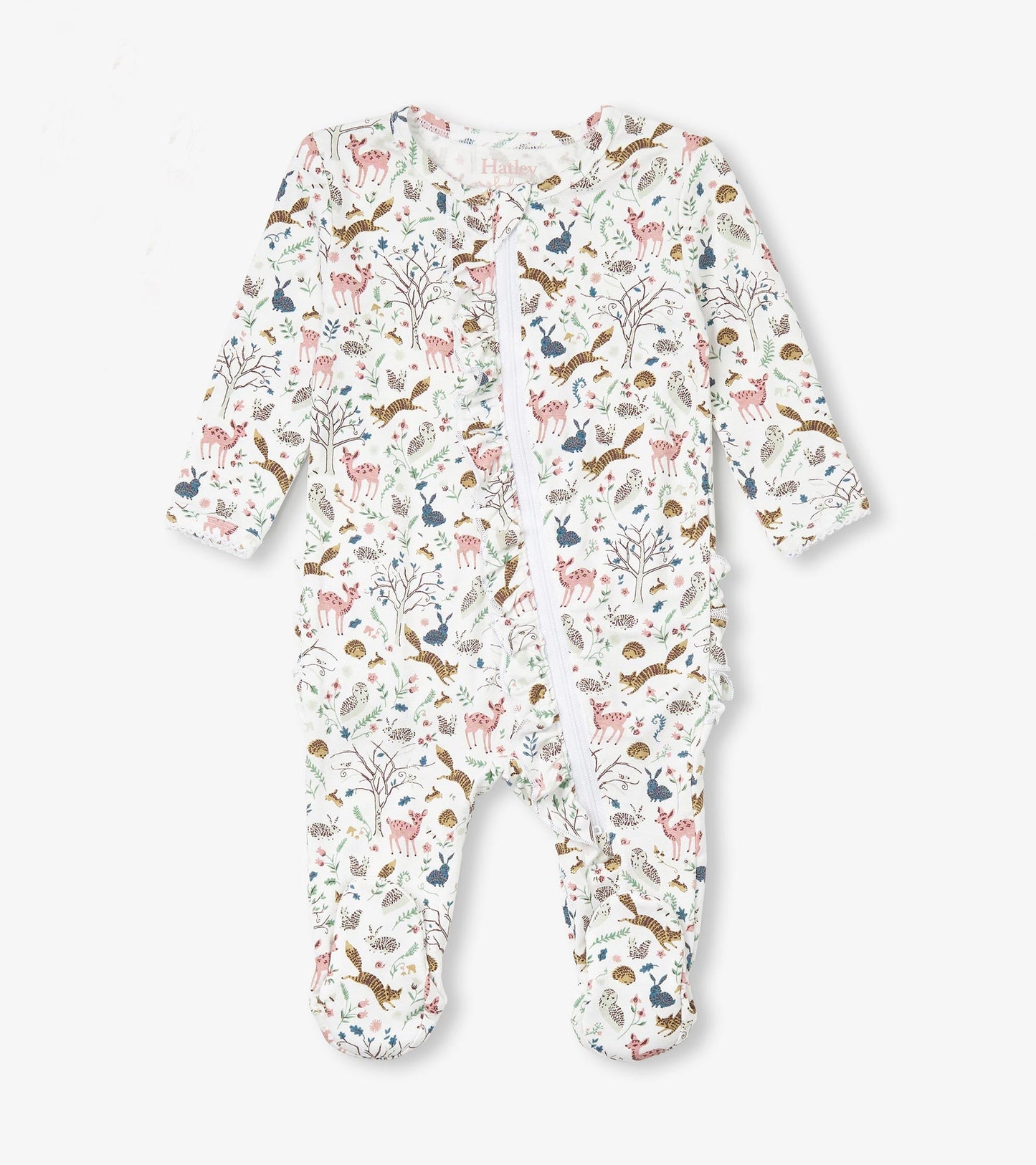 White bamboo sleeper with colorful forest animal print, featuring ruffles on the bum and a front zipper closure.