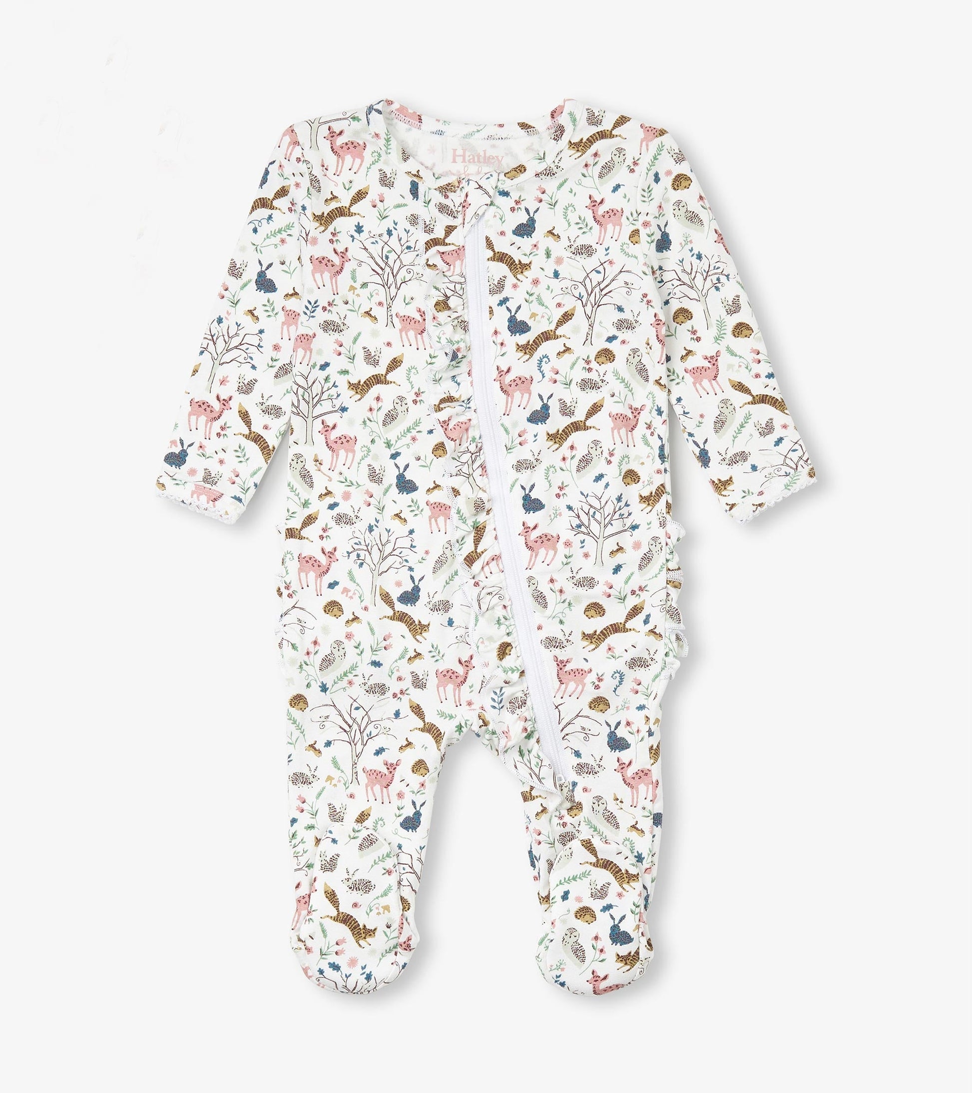 White bamboo sleeper with colorful forest animal print, featuring ruffles on the bum and a front zipper closure.