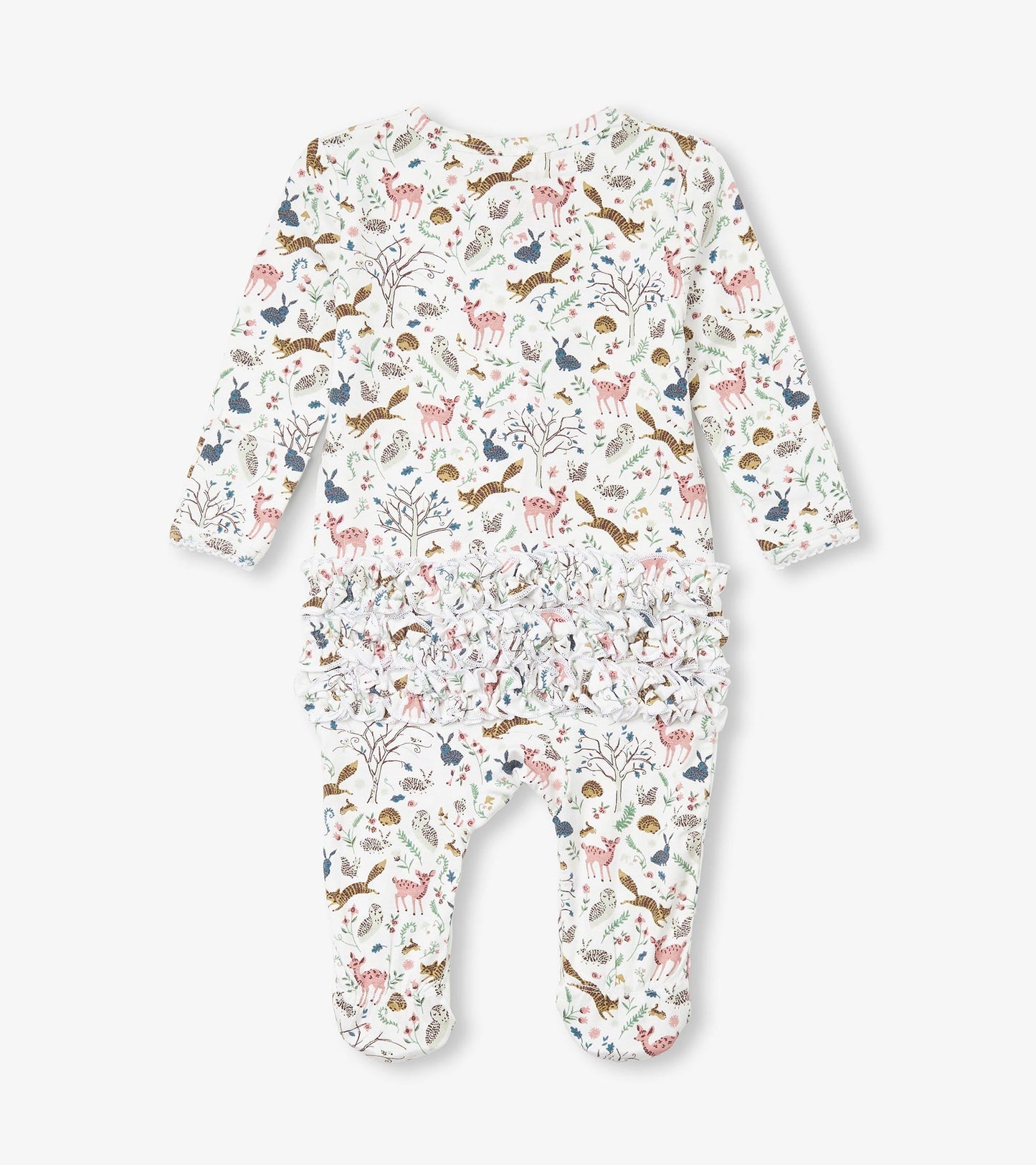 White bamboo sleeper with colorful forest animal print and ruffle detail on the bum, suitable for baby girls.