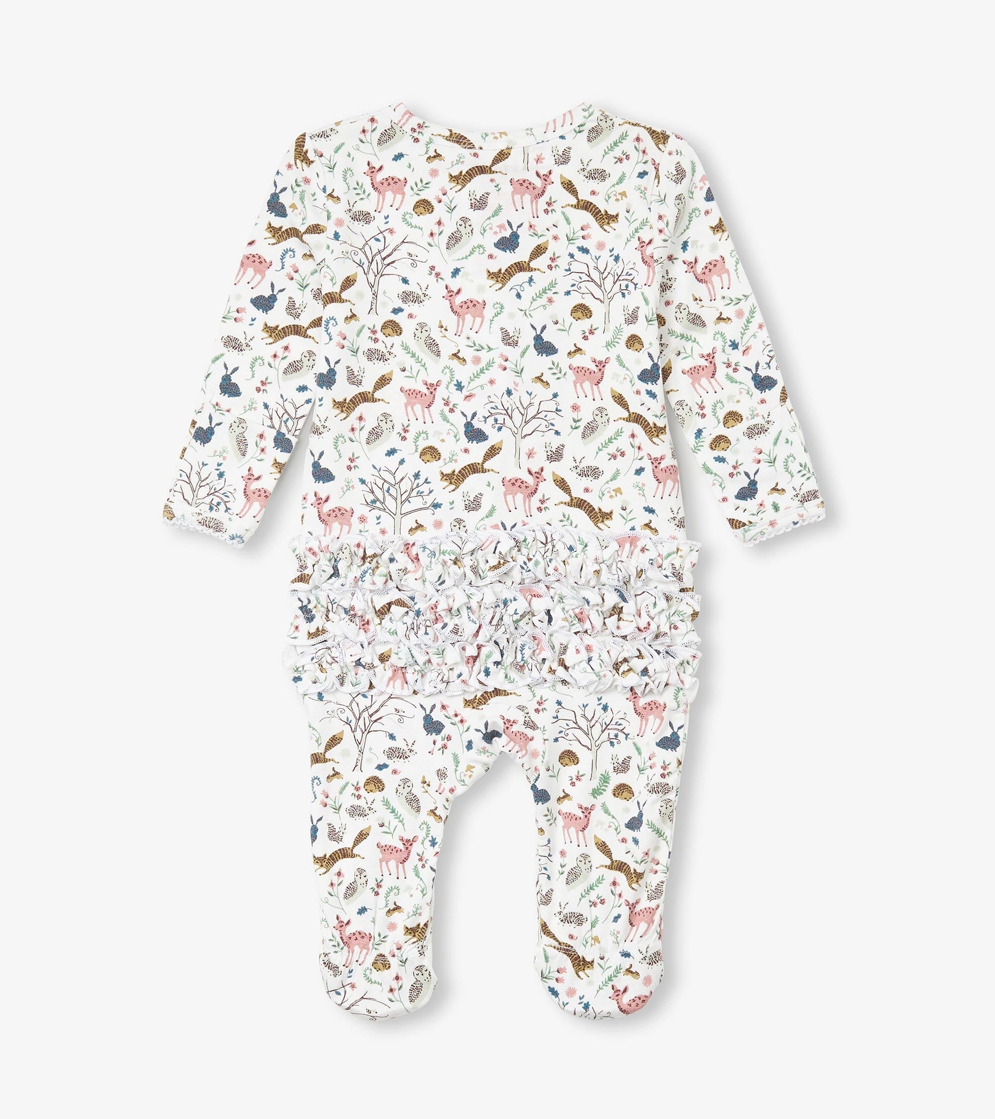 White bamboo sleeper with colorful forest animal print and ruffle detail on the bum, suitable for baby girls.