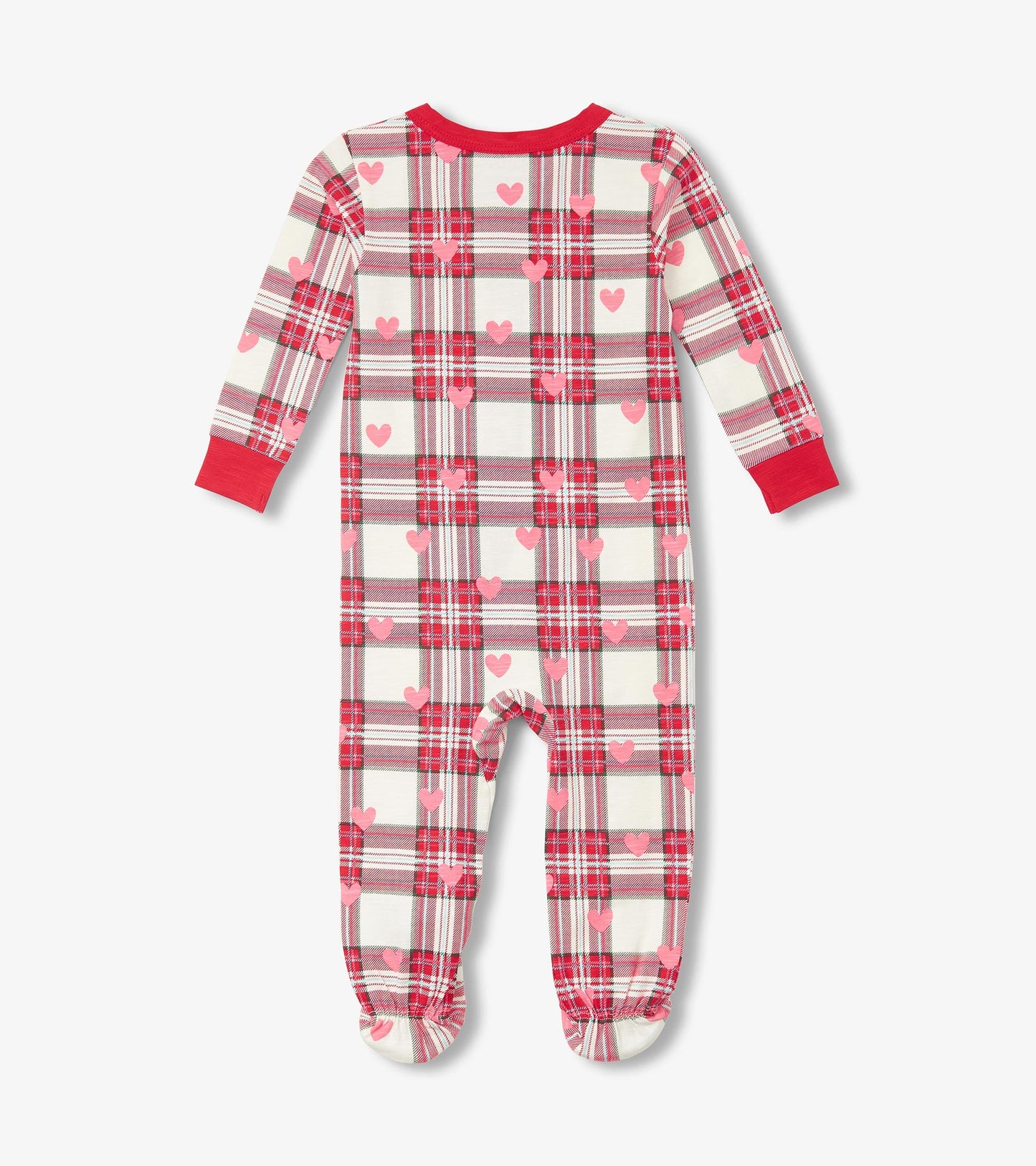 Footed sleeper in white plaid with red and pink hearts, featuring long sleeves and a red neckline.