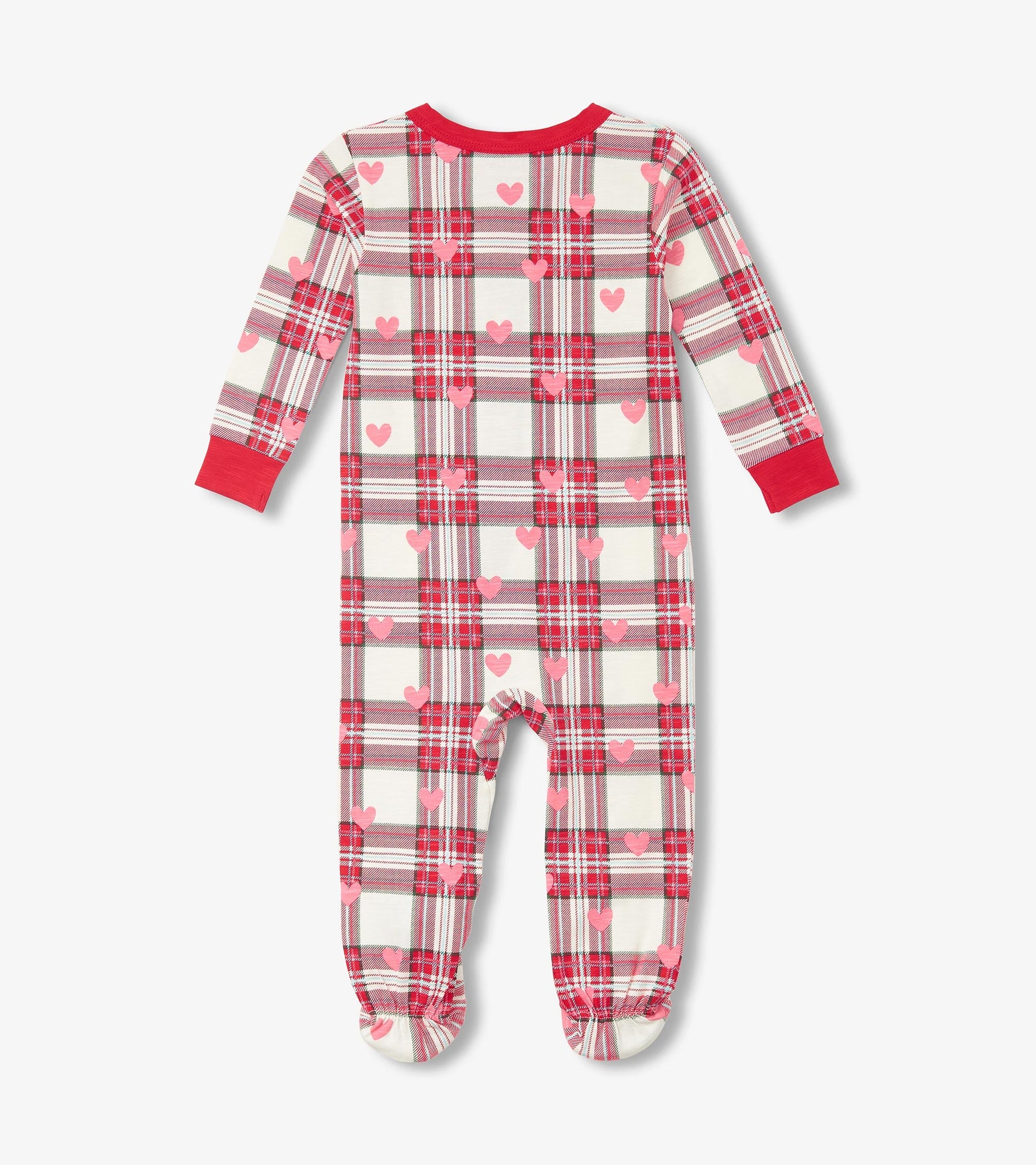 Footed sleeper in white plaid with red and pink hearts, featuring long sleeves and a red neckline.