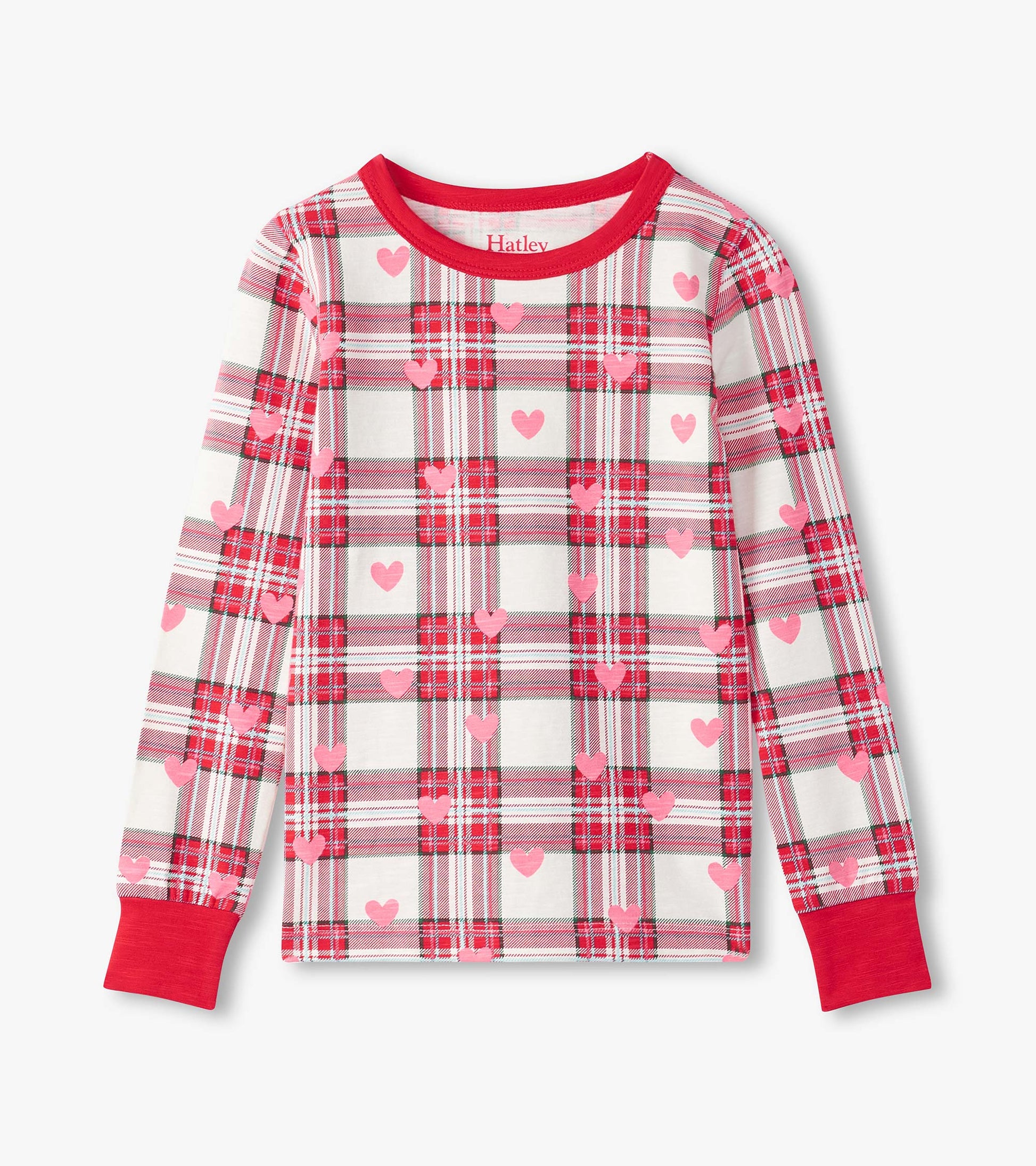 Long-sleeve pajama top featuring a red and white plaid pattern with pink hearts and a red crew neckline.