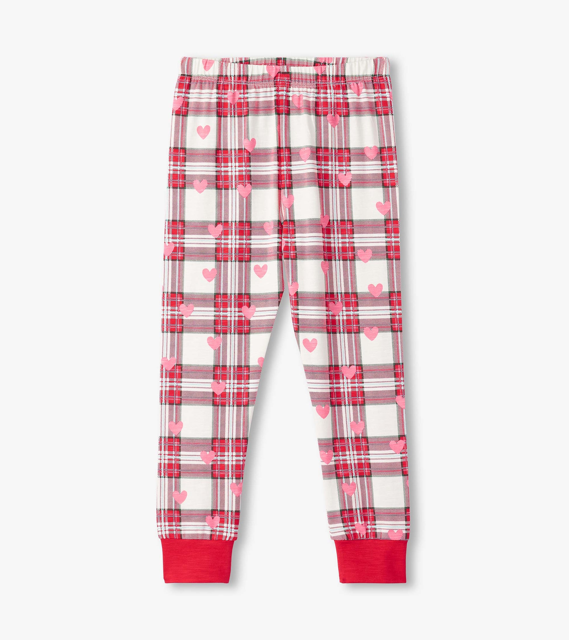 Red and white plaid pajama pants with pink hearts, featuring an elastic waistband and red cuffs at the ankles.