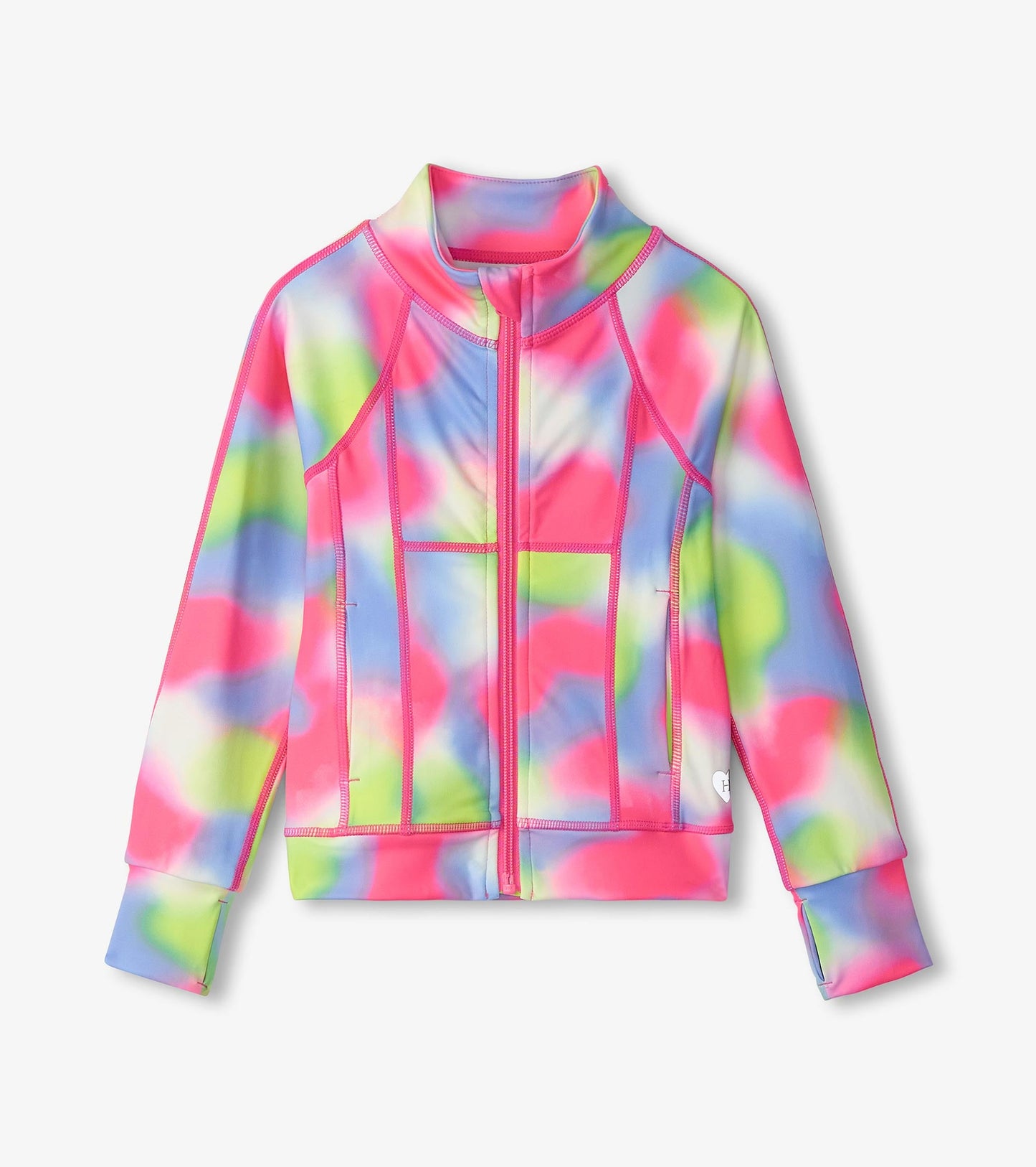 Colorful, lightweight active jacket featuring a tie-dye pattern in pink, blue, and green with a zip front and high collar.