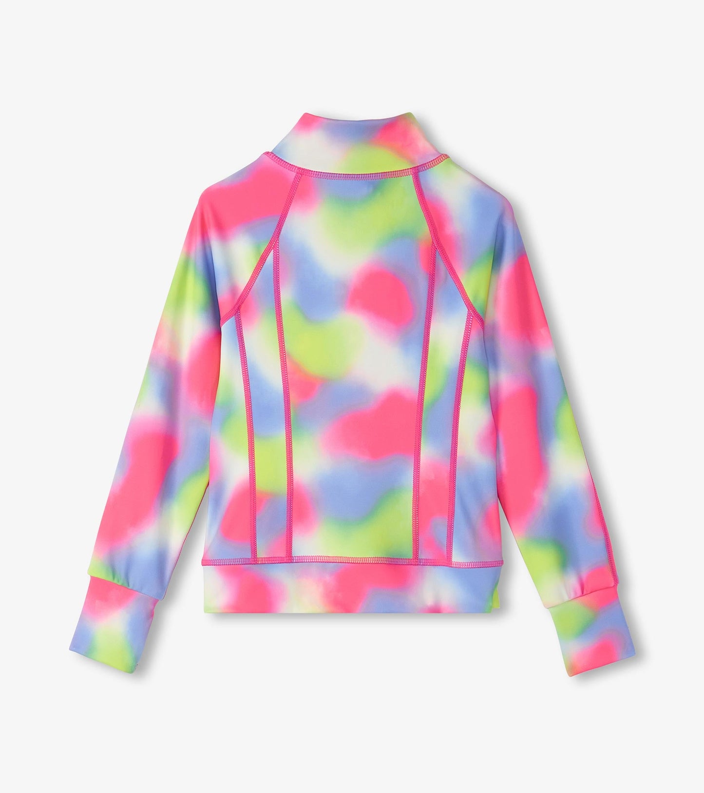 Colorful, lightweight active jacket featuring a pink, blue, and green abstract pattern, designed for girls.