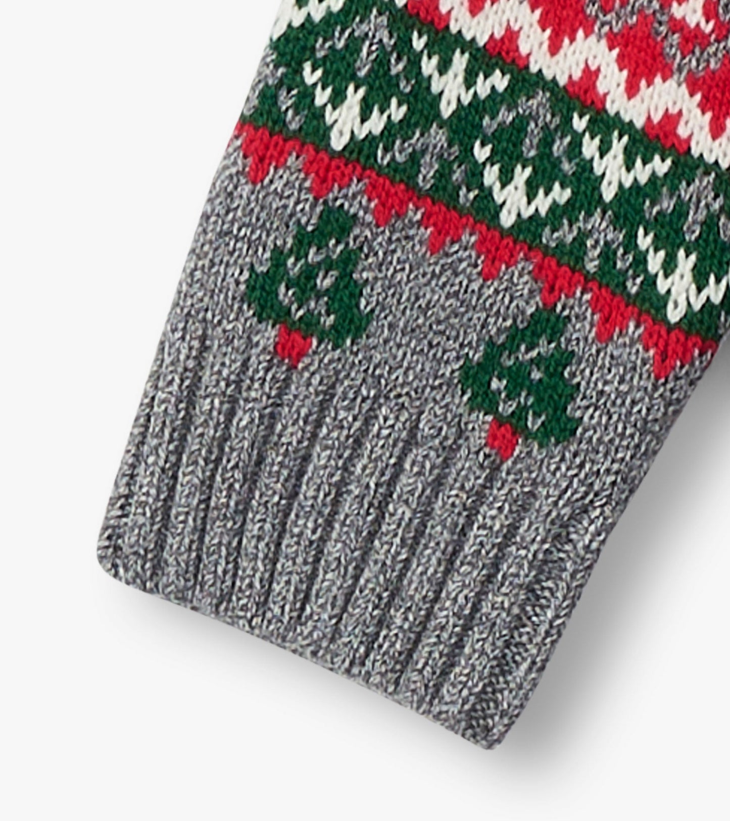 Gray knit cardigan with a shawl collar, featuring festive red and green tree patterns. Suitable for babies and toddlers.