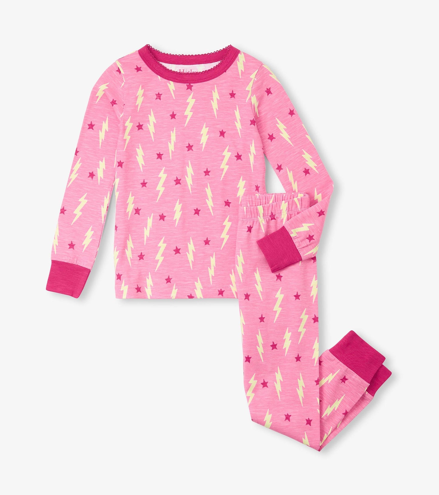 Pink pajama set featuring yellow lightning bolts and red stars, with long sleeves and elastic waistband.