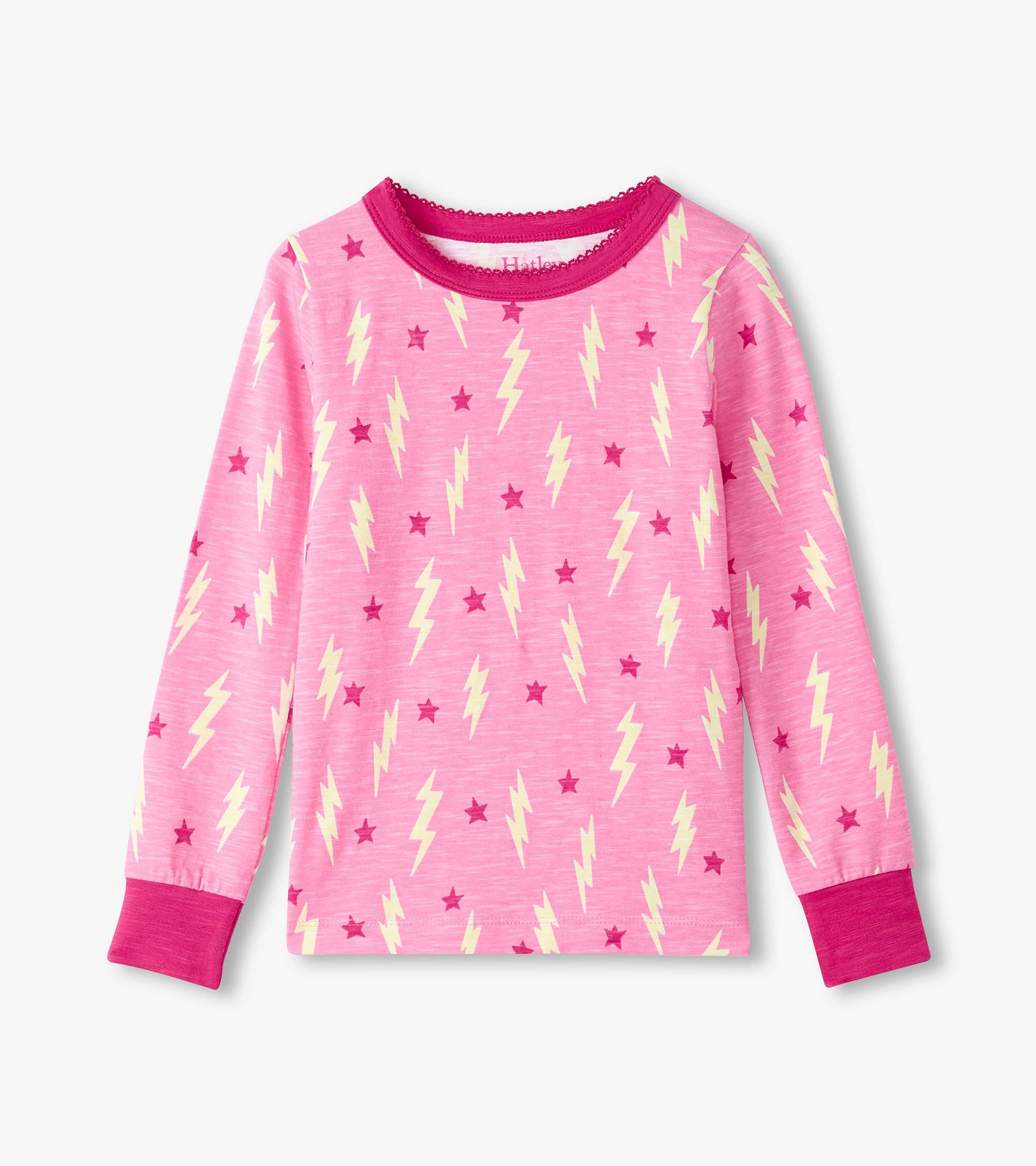 Pink long-sleeve pajama top featuring yellow lightning bolts and red stars, with a contrasting pink neckline and cuffs.