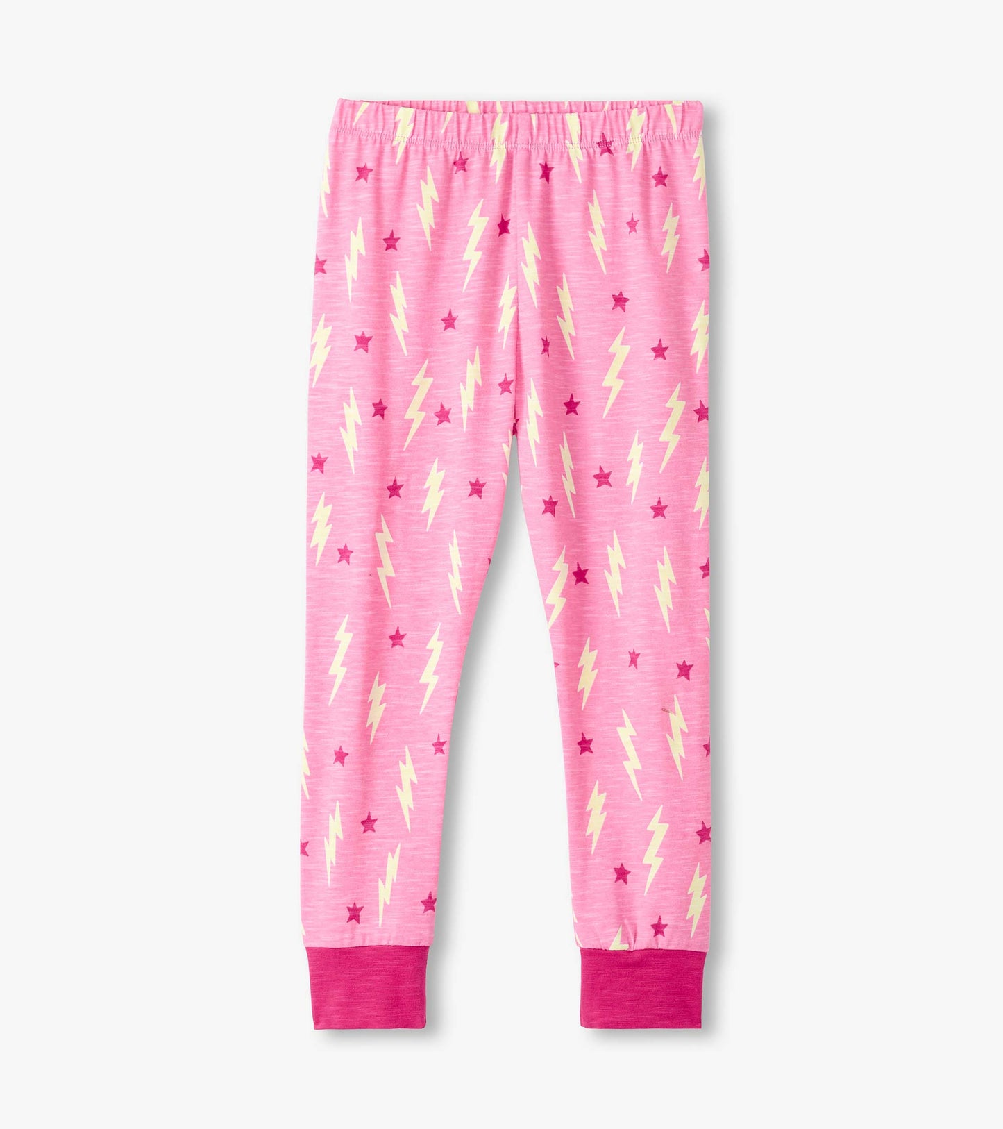 Pink pajama pants featuring yellow lightning bolts and red stars, with a snug elastic waistband and cuffs.