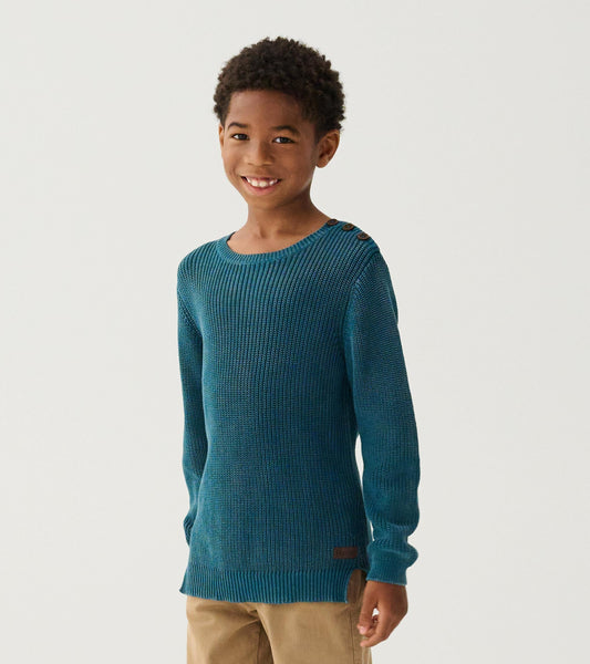 Boys' Moroccan blue button neck sweater with a textured knit design and long sleeves.