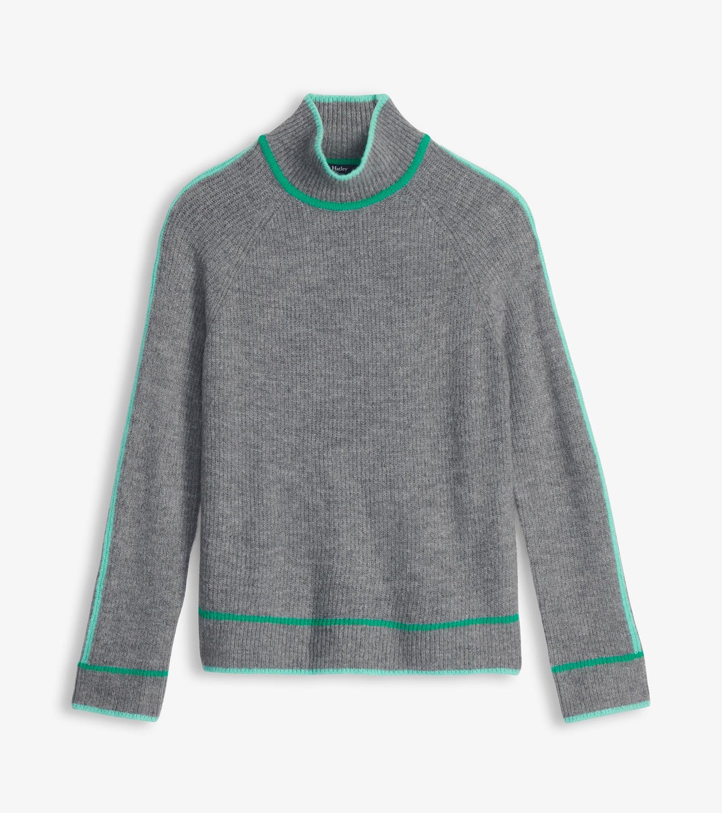 Charcoal heather pullover with a high collar and contrasting teal trim along the neckline and sleeves.