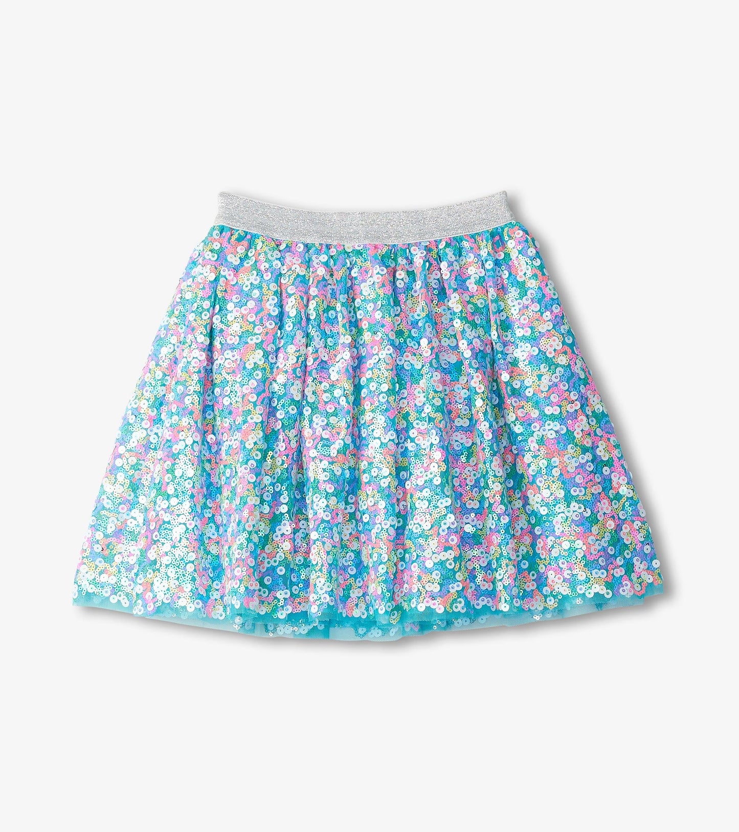 Light blue tulle skirt adorned with colorful sequins, featuring an elastic waistband and a flared silhouette.