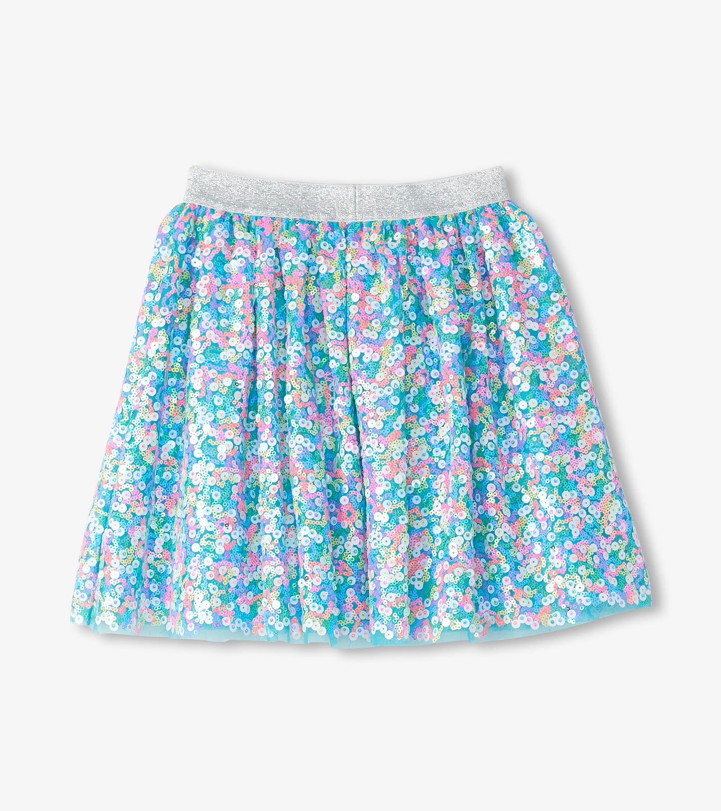 Light blue tulle skirt adorned with colorful sequins, featuring a silver elastic waistband.