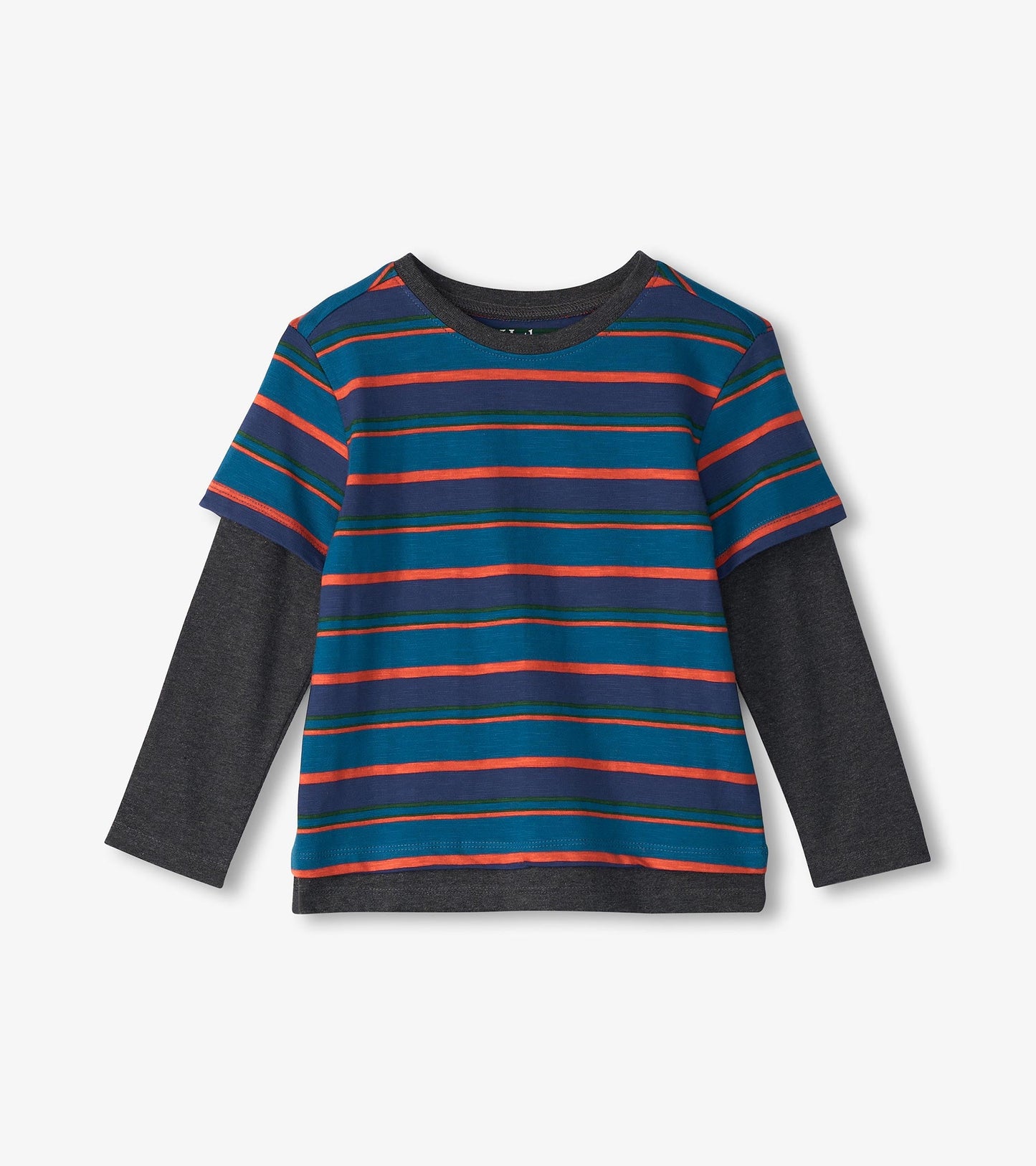 Boys' long sleeve T-shirt featuring a Moroccan blue base with colorful horizontal stripes and a layered look.