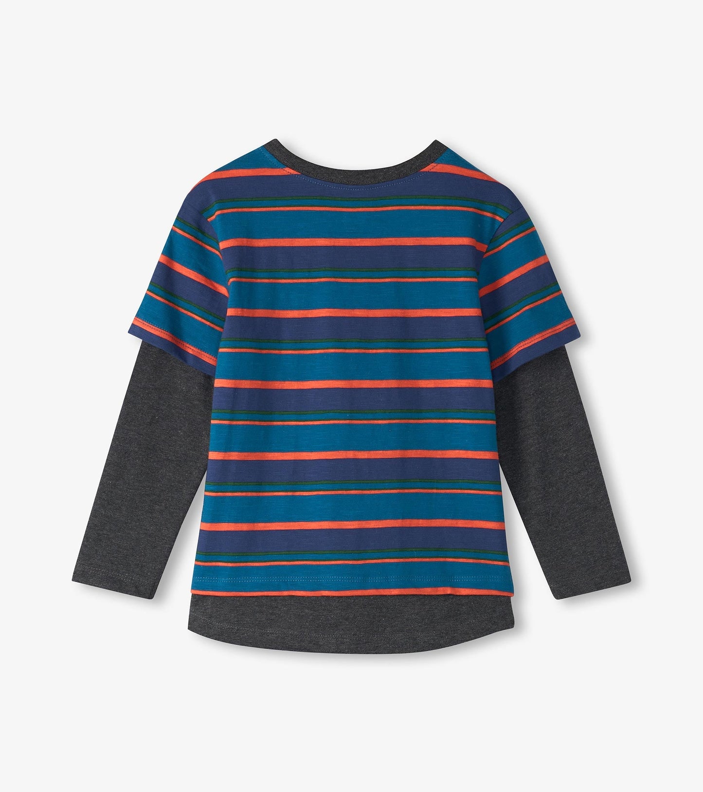 Boys' long sleeve t-shirt featuring a blue striped pattern with orange and green accents, layered over a dark gray base.