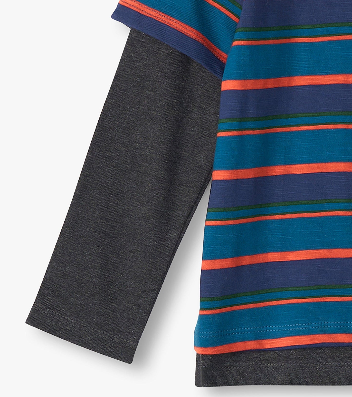Boys long sleeve t-shirt featuring a blue body with colorful horizontal stripes and dark gray sleeves.