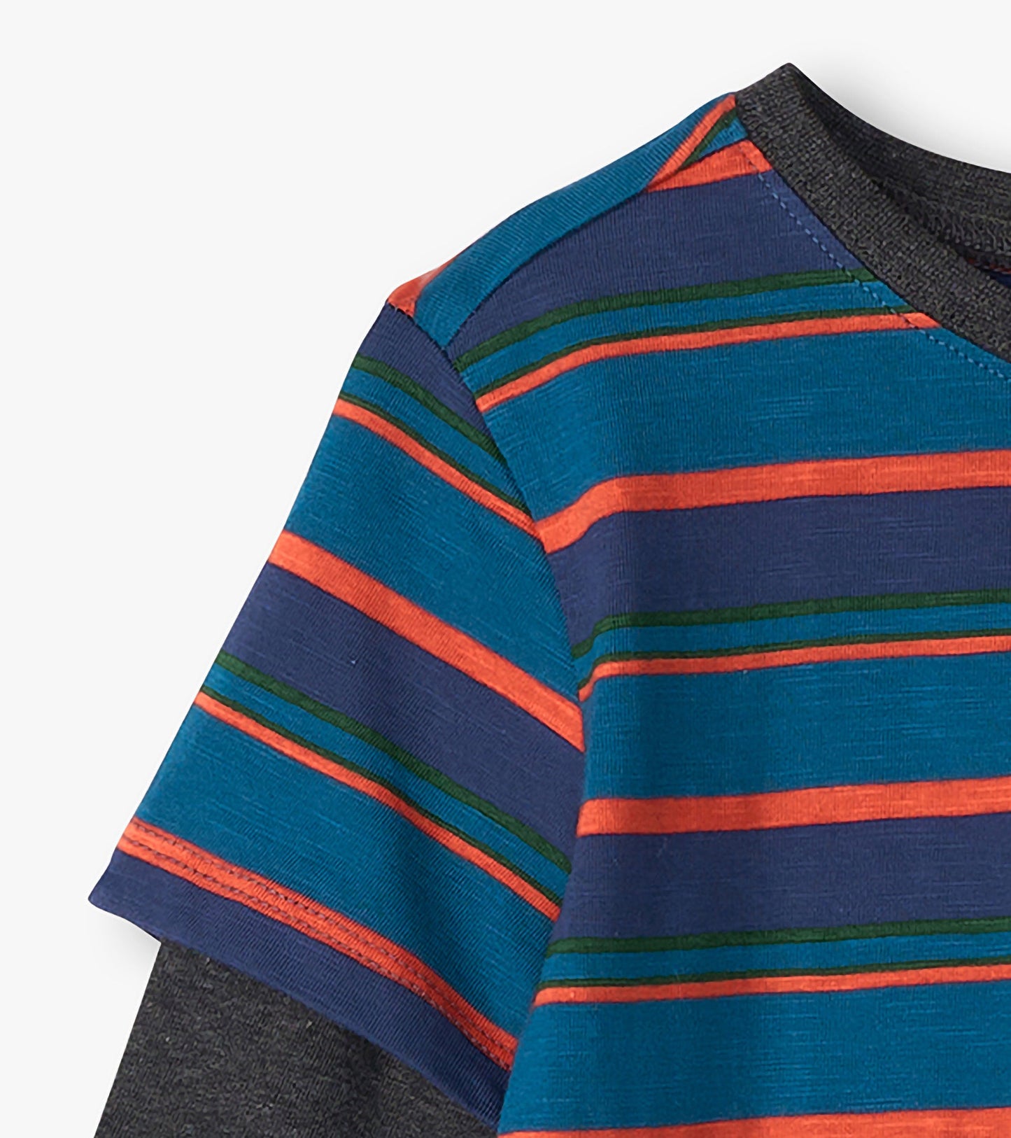 Long sleeve t-shirt featuring blue, orange, and green horizontal stripes with a dark gray neckline.