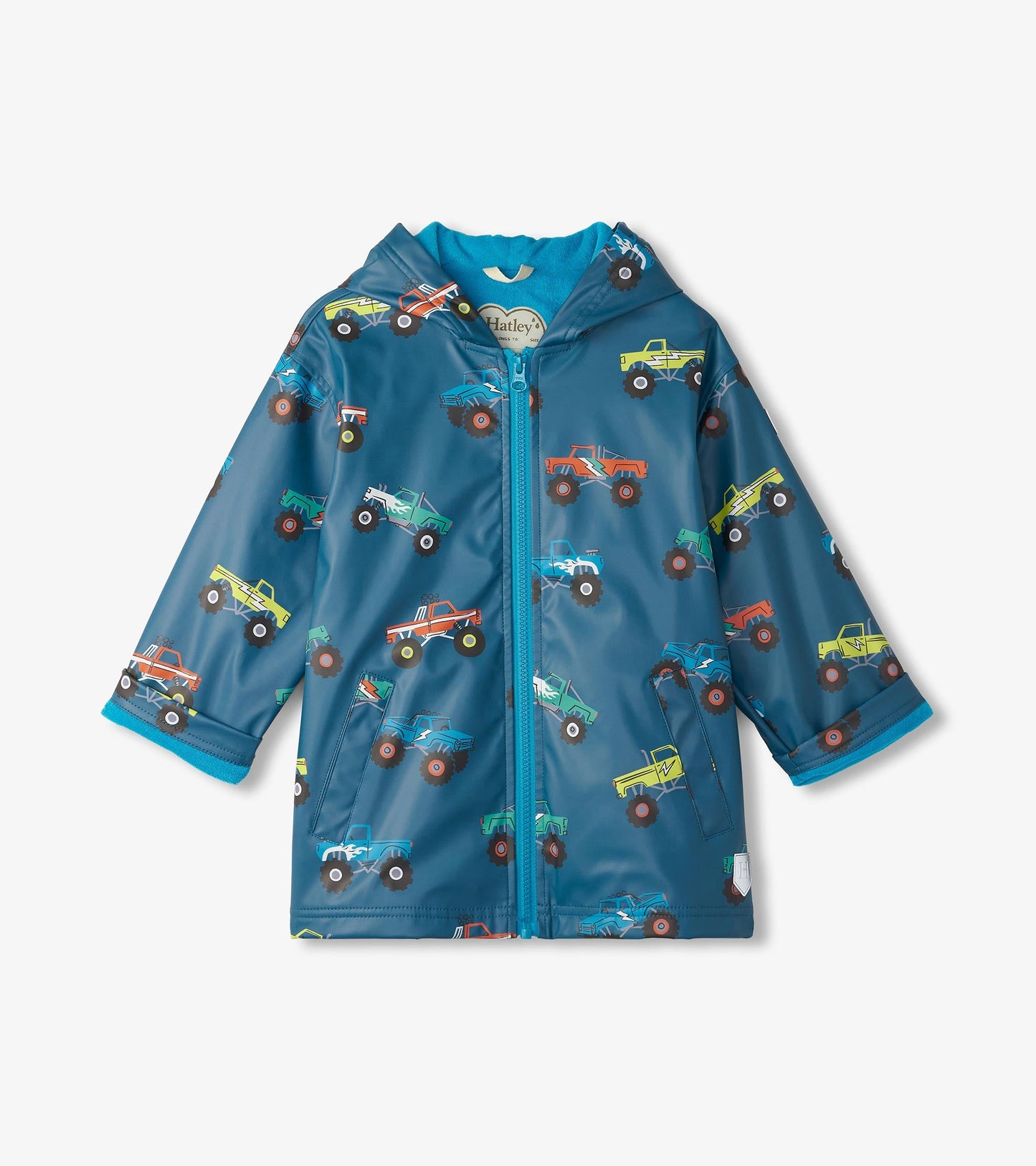 Blue zip-up rain jacket featuring colorful monster truck patterns, with a hood and elastic cuffs.