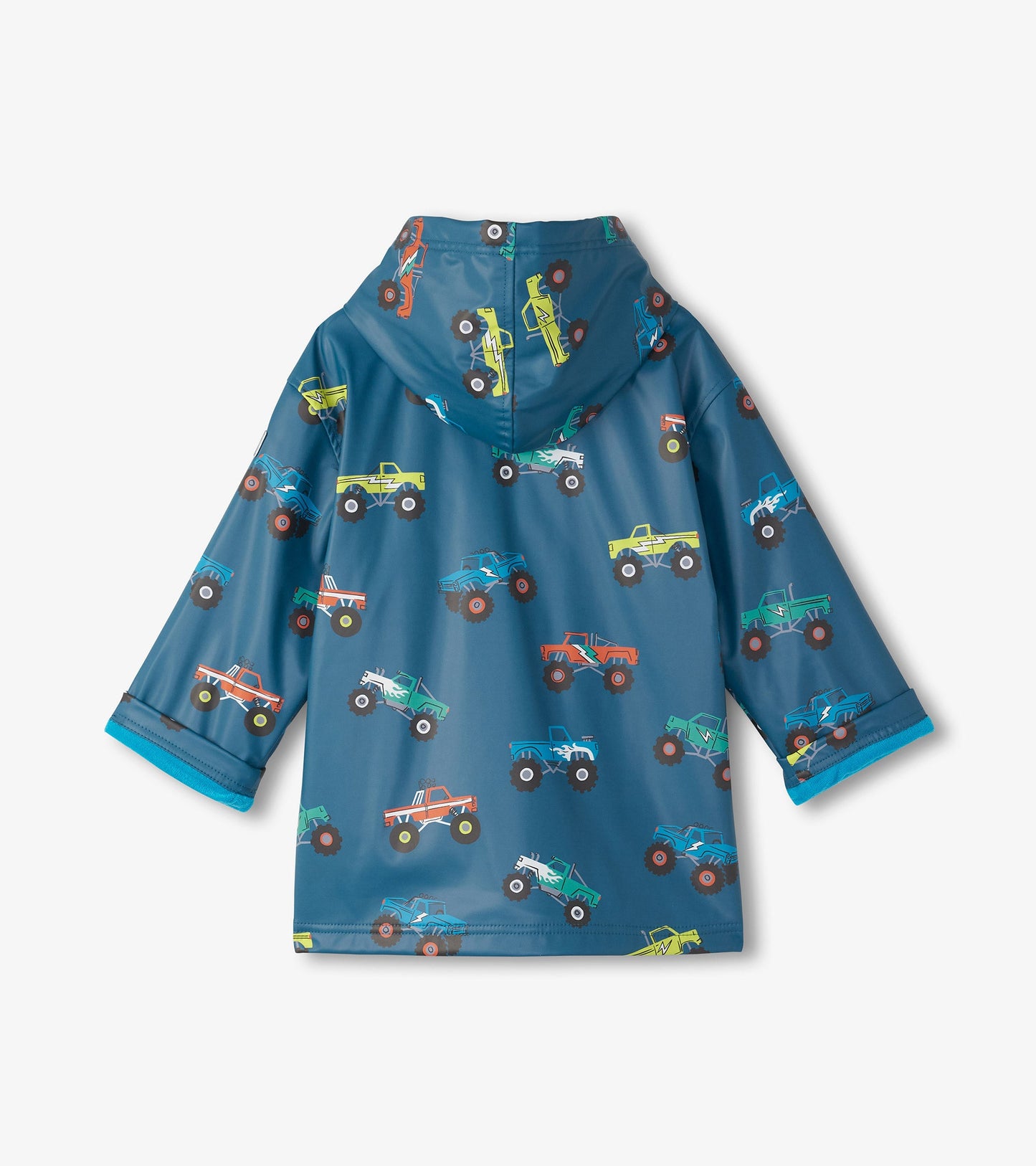 Blue zip-up rain jacket featuring colorful monster truck patterns, with a hood and short sleeves.