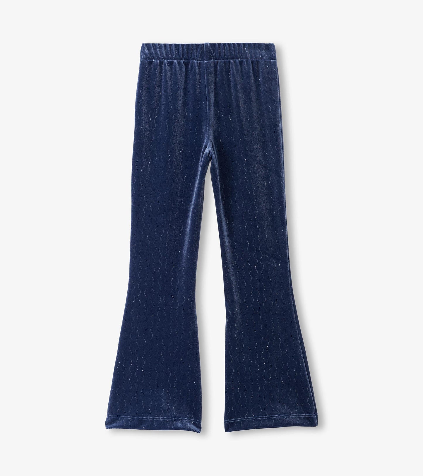 Navy blue stretchy flared pants with a subtle wave pattern, featuring an elastic waistband for comfort.