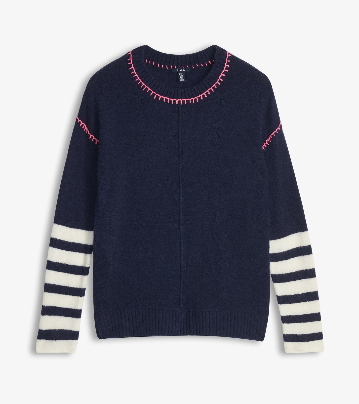 Navy sweater with pink stitching and white striped sleeves, featuring a classic crew neckline and relaxed fit.